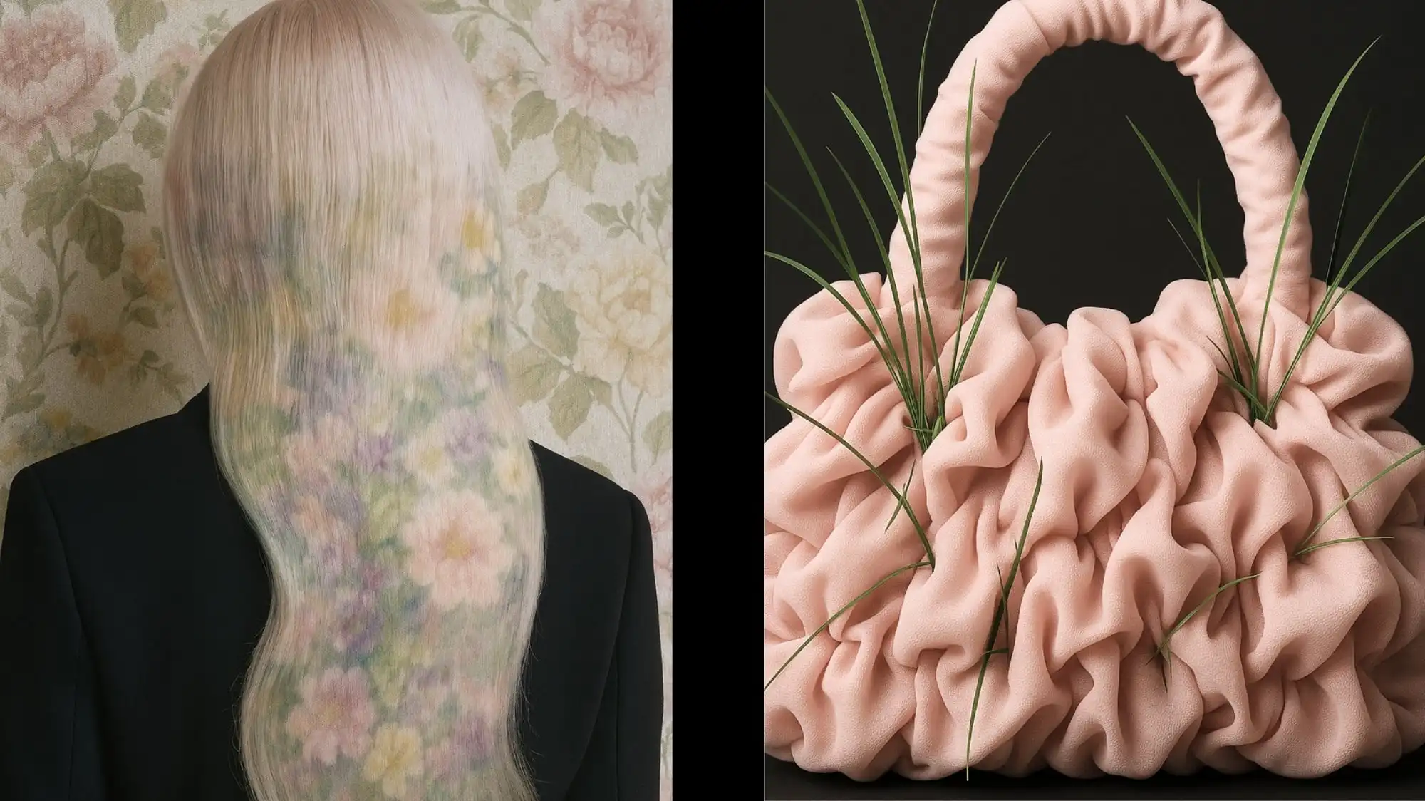 Conceptual fashion image featuring a person with softly patterned floral hair blending into wallpaper and a pink ruched bag with sprouting green blades, reflecting regenerative design and sustainable aesthetics explored by C2 Fashion Studio.