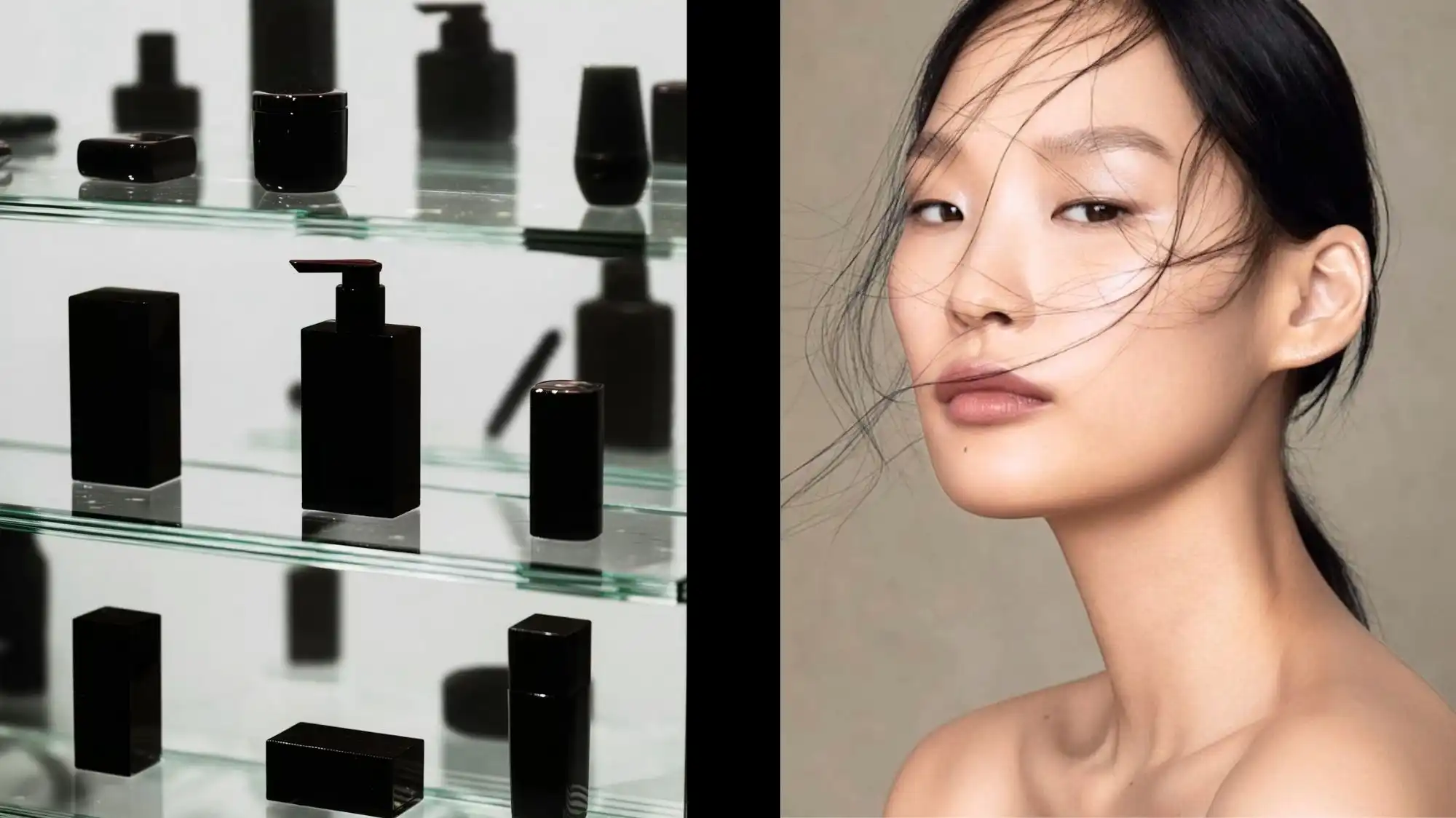Minimalist black skincare and wellness containers displayed on glass shelves, symbolizing longevity culture, science-driven vitality, and future wellness aesthetics explored by C2 Fashion Studio.