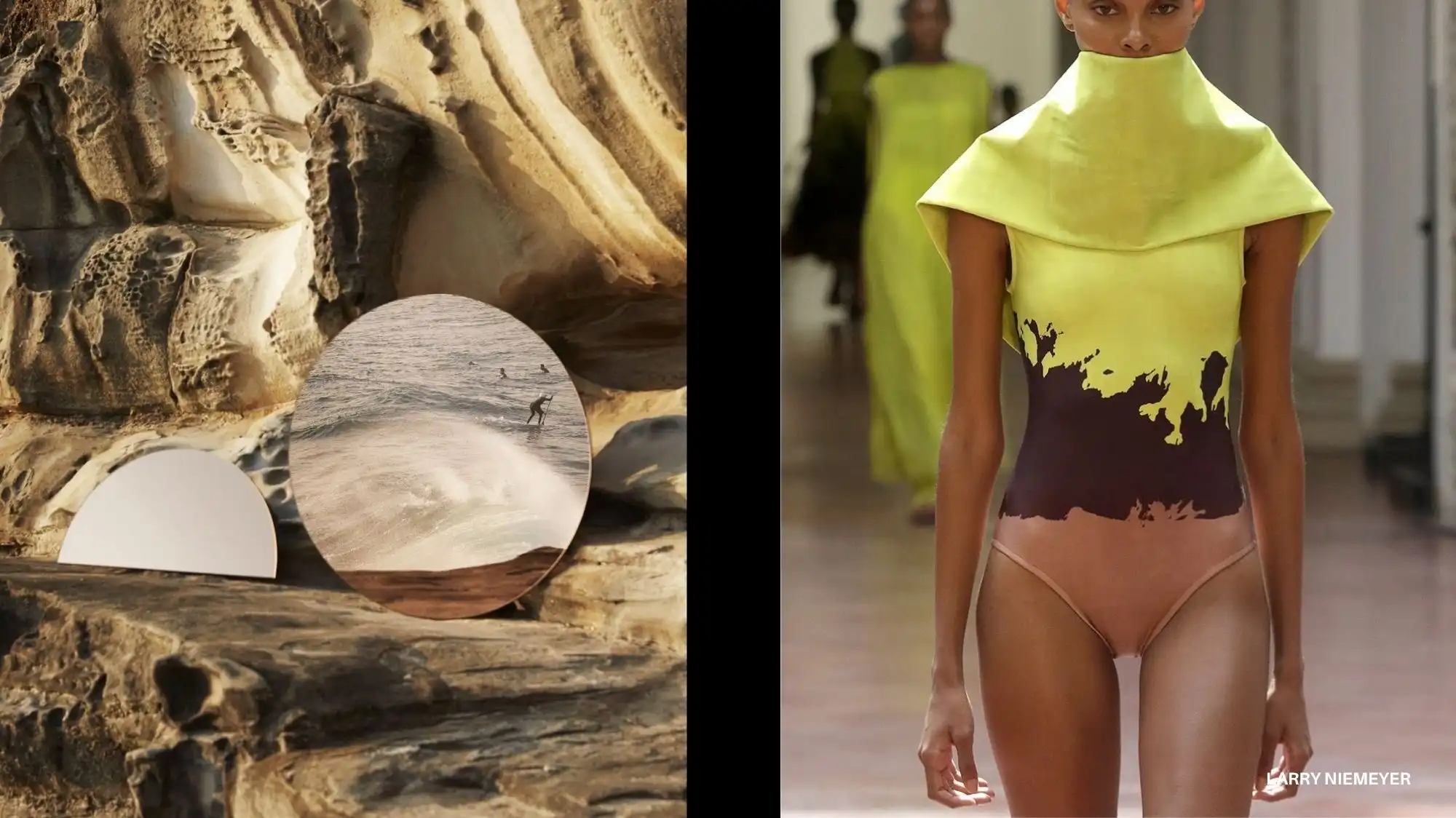 A digitally edited collage juxtaposing abstract beach rock formations and ocean scenes with a fashion runway image of a model in innovative beachwear, merging natural textures and modern design.