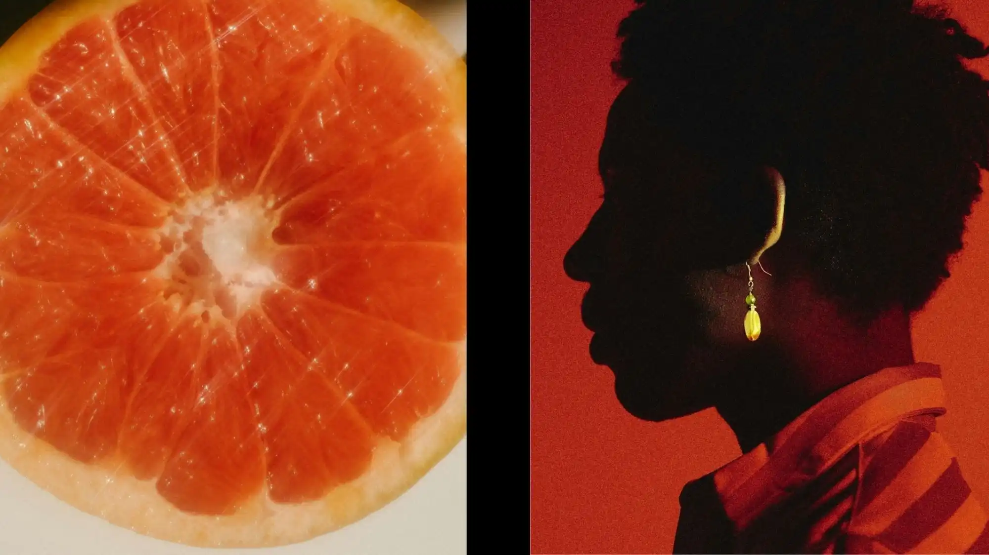 Juxtaposition of a grapefruit slice and a human silhouette with warm orange lighting, symbolizing Conscious Vitality and emotional awareness in C2 Fashion Studio’s Spring Summer 2027 trend forecast.