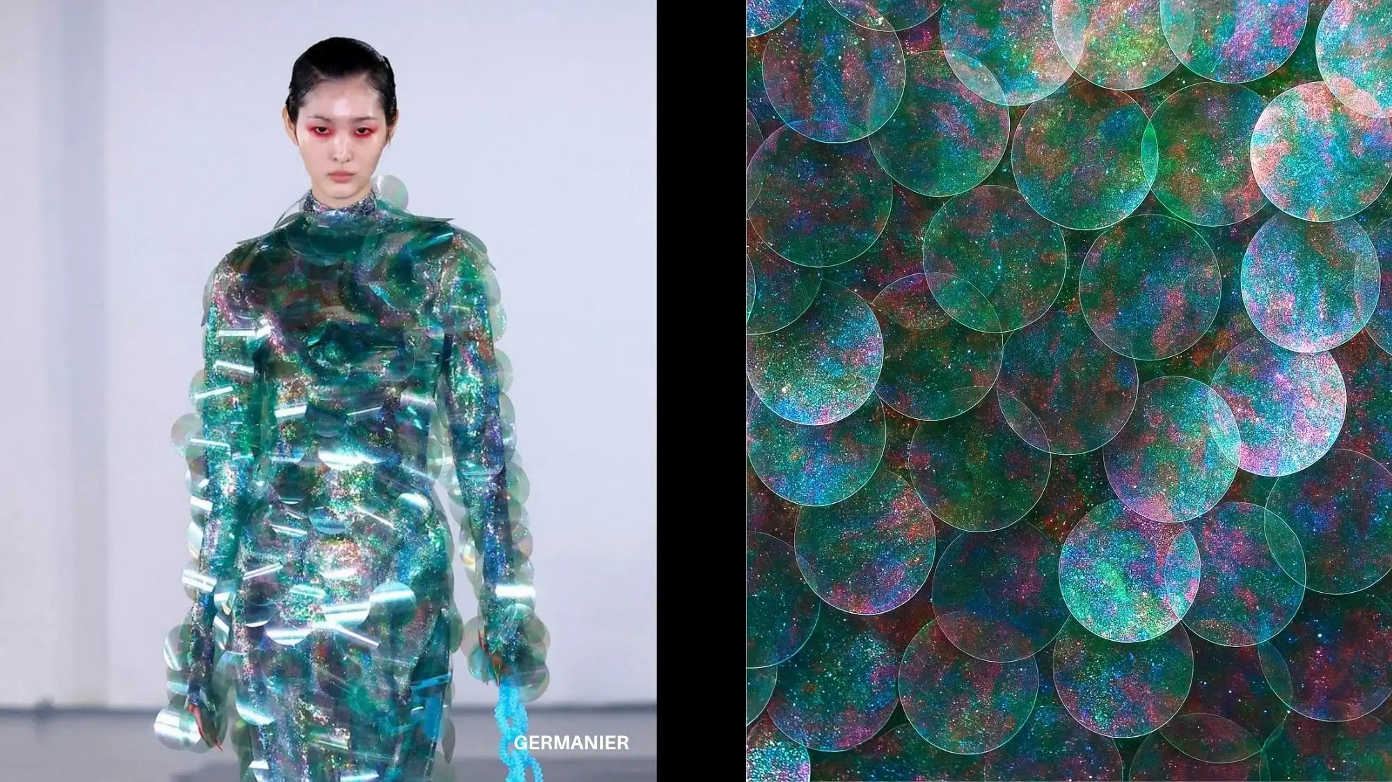 Model wearing iridescent holographic sequin dress with circular reflective textures, representing Multisensory Experience — the Spring Summer 2027 trend by C2 Fashion Studio focused on hyper-tactility and sensory design innovation.