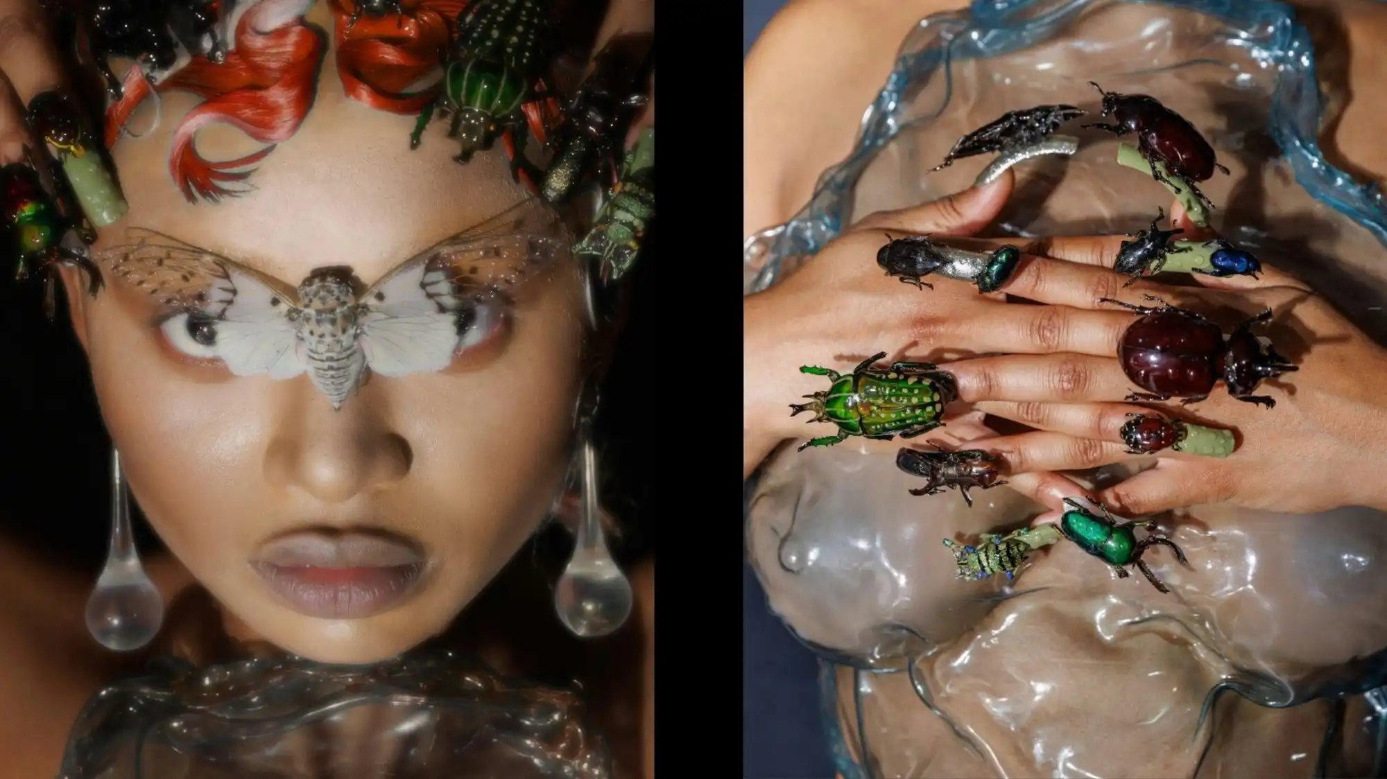 Close-up of model’s hands adorned with artistic beetle nail designs, set atop a translucent biomorphic fashion piece by C2 Fashion Studio, highlighting nature-inspired trend forecasting for Spring Summer 2027.