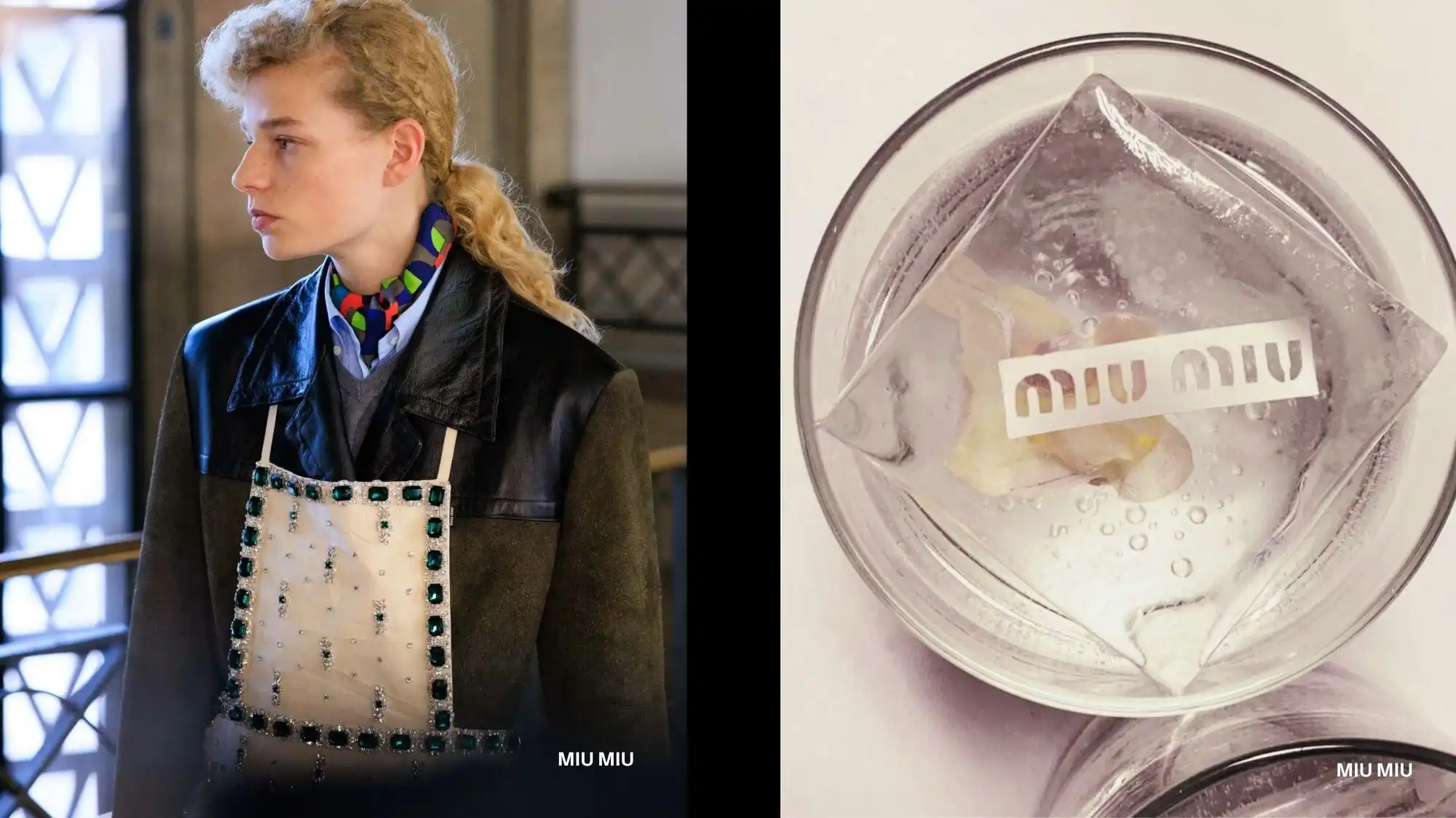 Miu Miu embellished apron look and branded ice cube in a glass, illustrating how tablescaping aesthetics influence Spring Summer 2027 fashion trends through C2 Fashion Studio’s trend forecasting solutions.