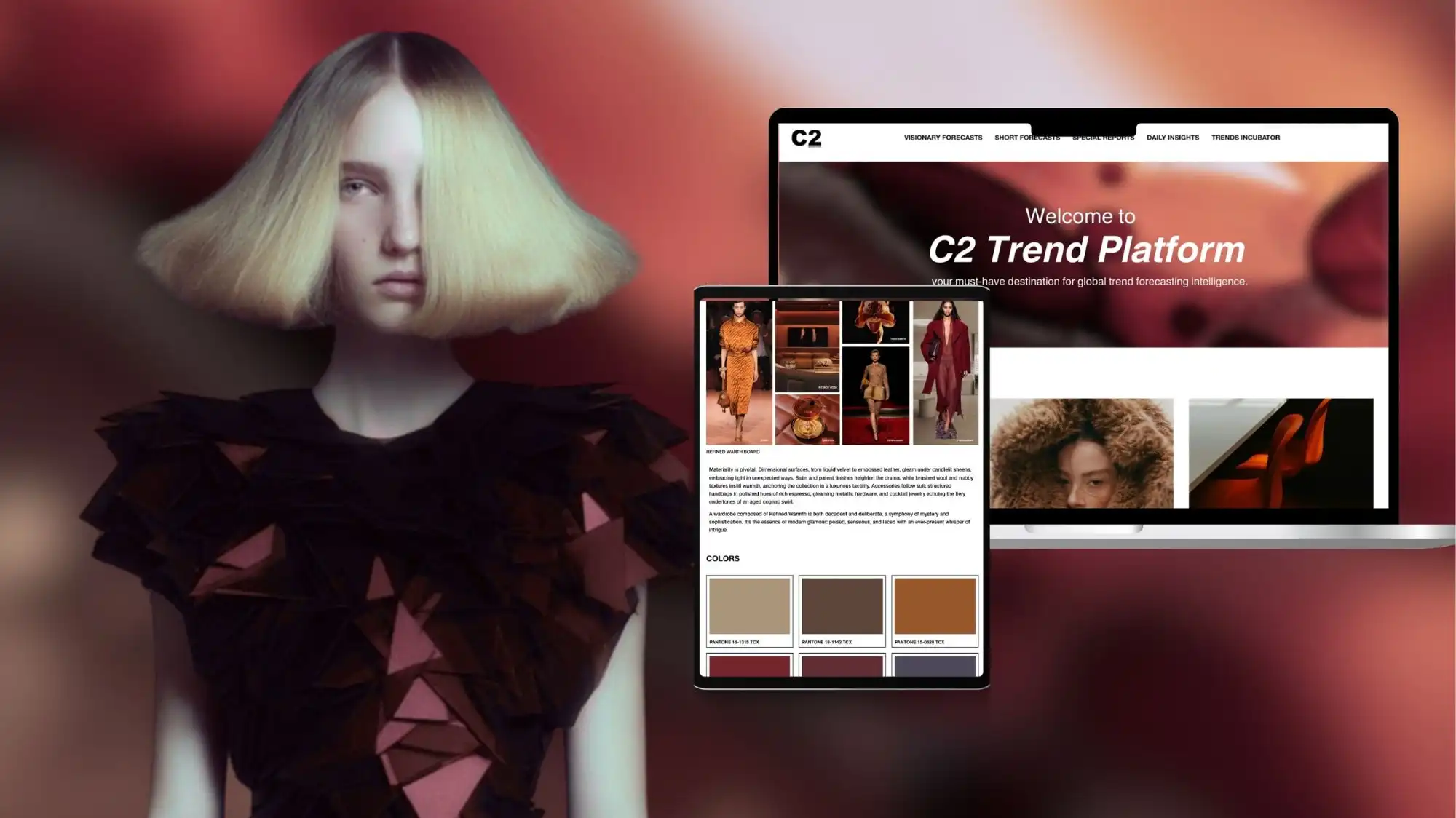 Futuristic fashion portrait alongside C2 Trend Platform interface on laptop and tablet, showcasing C2 Fashion Studio’s visionary trend forecasting solutions and global trend intelligence.
