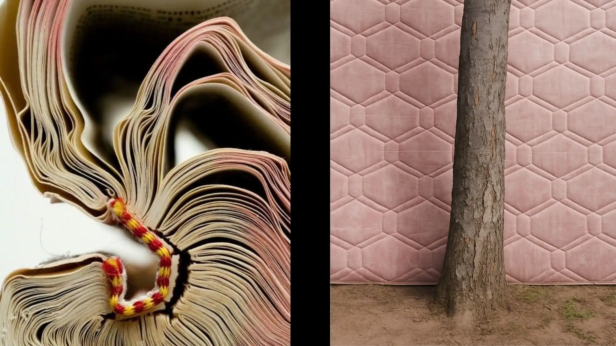 Conceptual image showing folded aged book pages and a tree trunk against quilted pink geometric fabric, symbolizing regenerative materials, sustainable design, and nature-integrated aesthetics explored by C2 Fashion Studio.