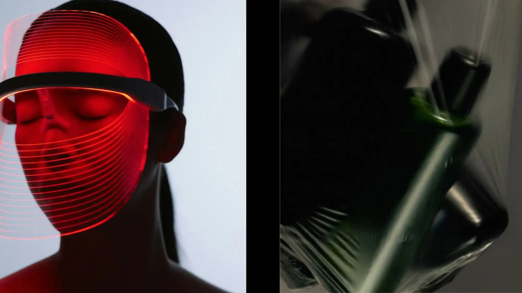 Futuristic red LED facial therapy mask on a person beside blurred dark wellness bottles, illustrating longevity aesthetics, future wellness technology, and science-driven trend forecasting by C2 Fashion Studio.