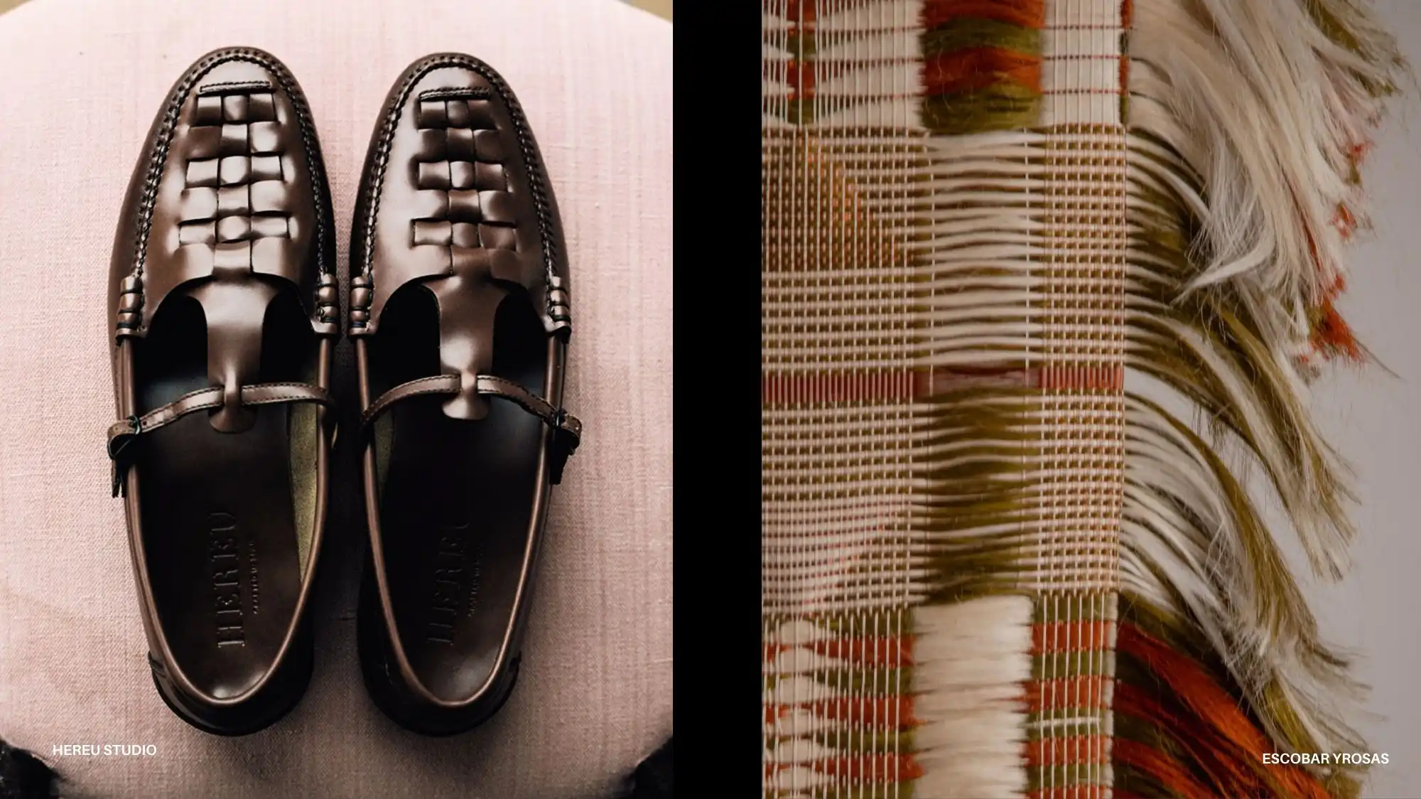 Brown woven-detail leather shoes and a close-up of tactile hand-loomed textile showcasing the Deep Human Shift trend for Autumn Winter 2027–2028, emphasising essential material intelligence and advanced fashion trend forecasting.