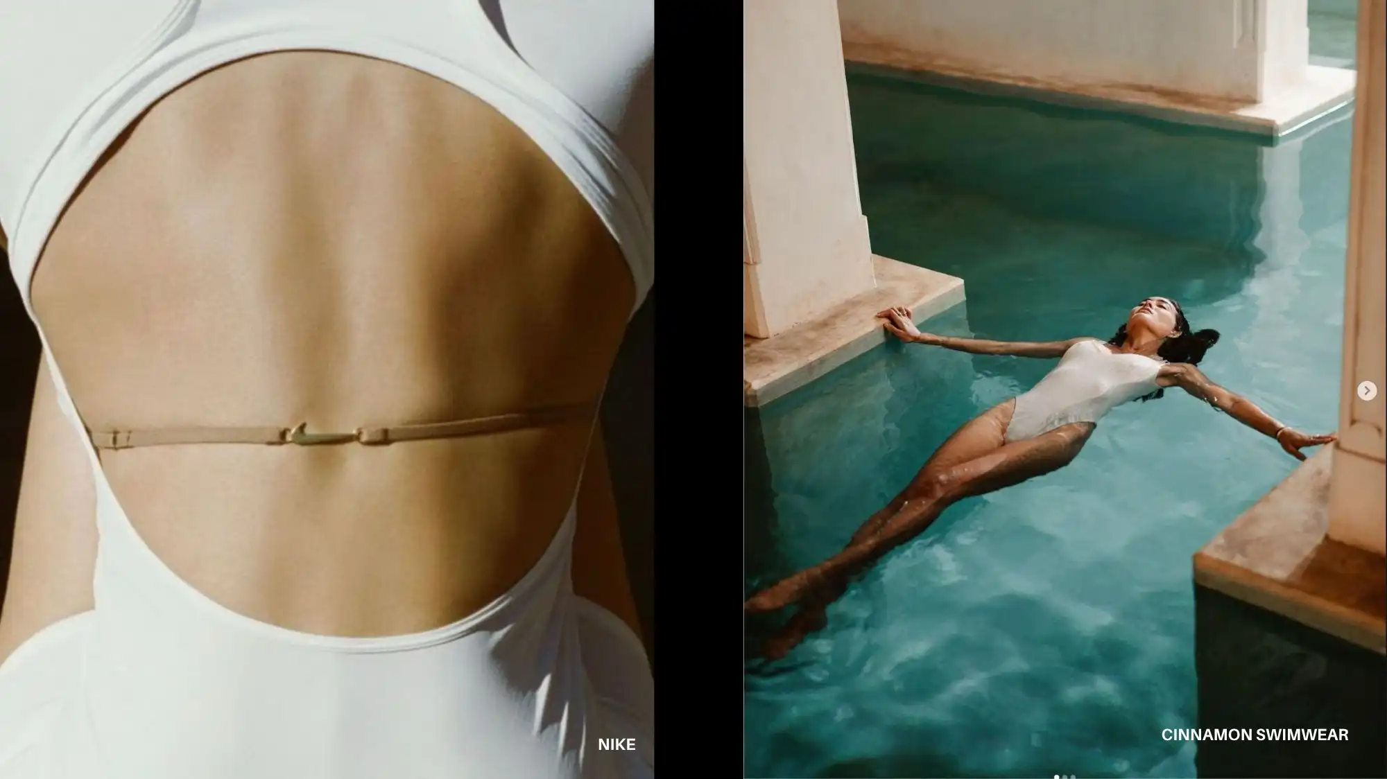 A split image featuring the back view of a person in a white swimsuit with a minimalist strap detail (left), and a woman floating calmly in a modern indoor pool, also in a white swimsuit (right).