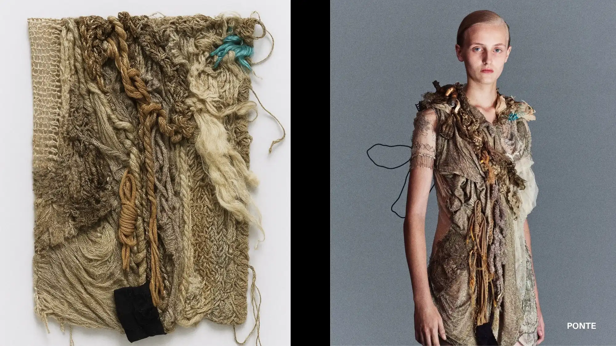 Tactile textile sample and avant-garde woven dress in natural fibers by Ponte, representing Multisensory Experience — the C2 Fashion Studio trend for Spring Summer 2027 focused on hyper-tactility, texture innovation, and sensory design.