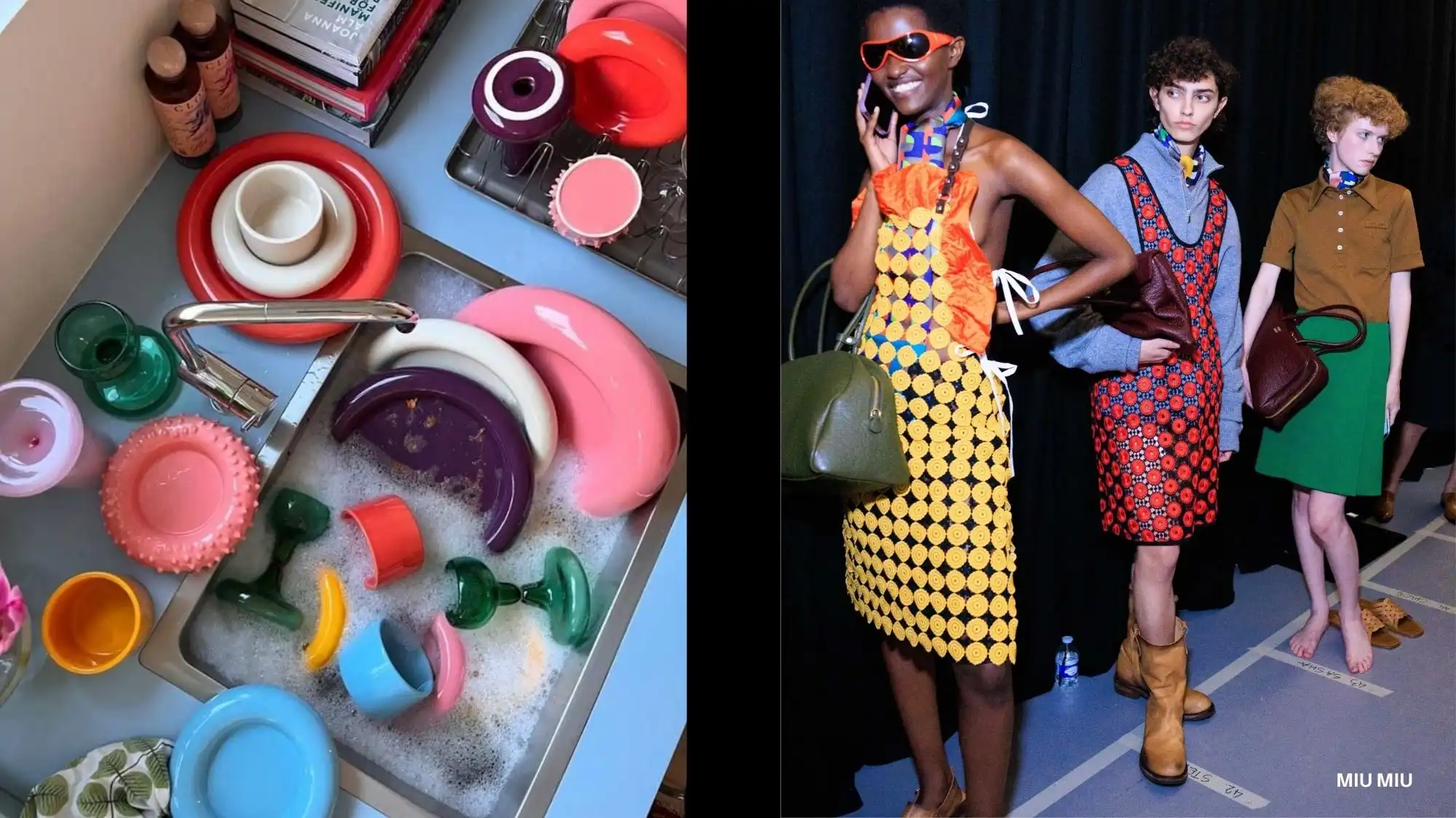 Colorful kitchen sink filled with playful dishware beside Miu Miu backstage looks, illustrating how domestic rituals influence Spring Summer 2027 fashion trends through C2 Fashion Studio’s trend forecasting solutions.