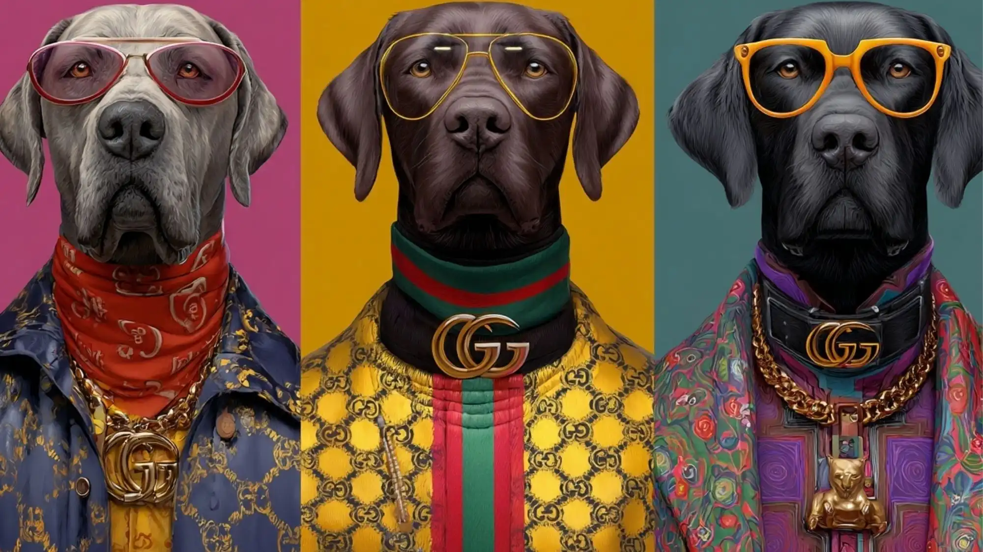 Stylized portrait of fashionable dogs dressed in Gucci-inspired luxury outfits, representing the Humanization of Pets trend and the rise of empathic luxury in fashion design.
