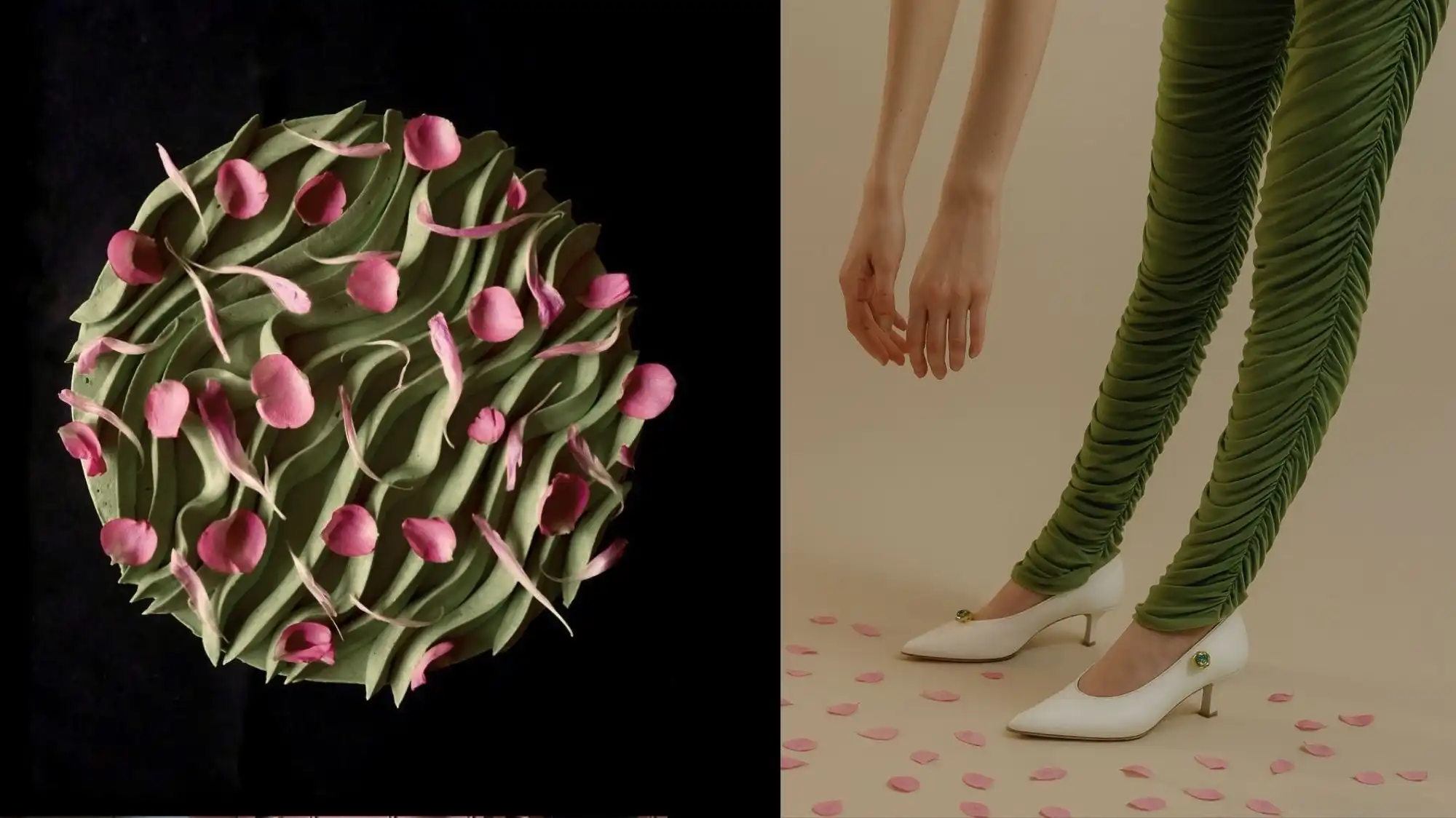 Conceptual image combining a green frosting cake with pink petals and a person wearing ruched green trousers with scattered petals, reflecting bio-inspired aesthetics and sustainable material trends explored by C2 Fashion Studio.