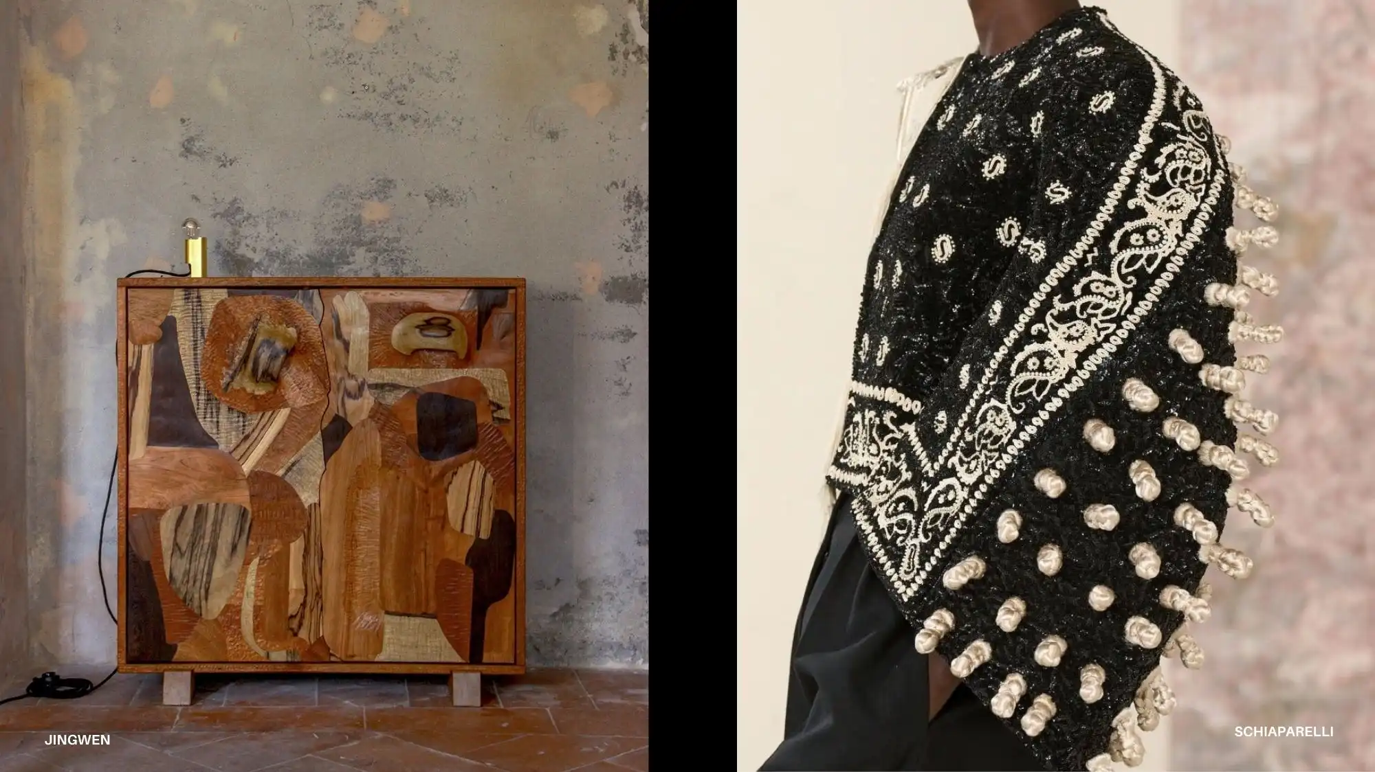 Artisanal carved wood furniture and an intricately embellished black-and-white Schiaparelli garment showcasing the Deep Human Shift trend for Autumn Winter 2027–2028, emphasising essential material intelligence and high-craft design direction.