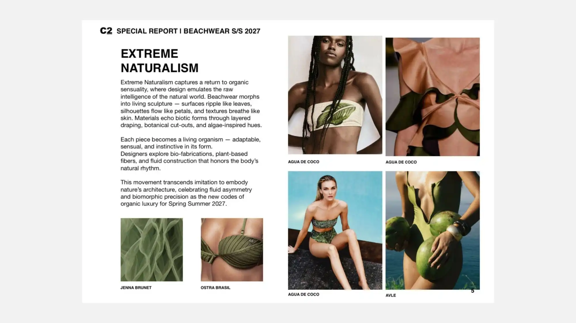 A trend report page titled "Extreme Naturalism" displaying six images of beachwear inspired by organic forms and biomorphic design, featuring textures and silhouettes that resemble leaves, petals, and plant-like structures.