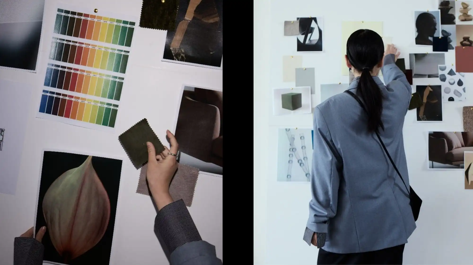 Fashion trend forecaster selecting color palettes and material samples for Spring Summer 2027 at C2 Fashion Studio, exploring emotional intelligence in Trend Forecasting.