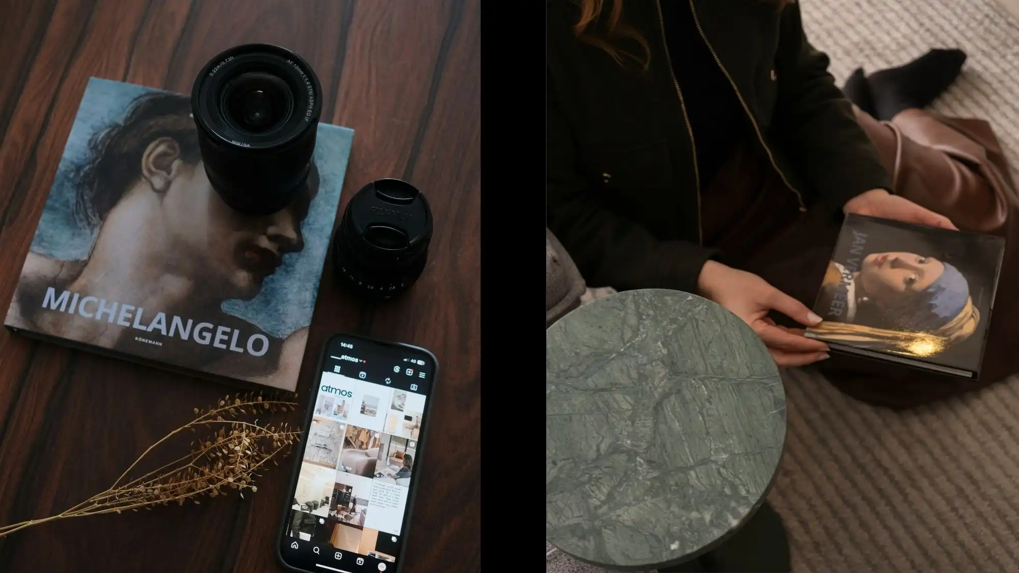 Split-image showing an artistic flat lay with a Michelangelo art book, camera lenses, and a smartphone displaying a curated aesthetic feed, alongside a seated person holding a Vermeer book next to a green marble table — reflecting contemporary lifestyle trends, art-inspired visual culture, and C2 Fashion Studio’s trend forecasting insights for 2027.