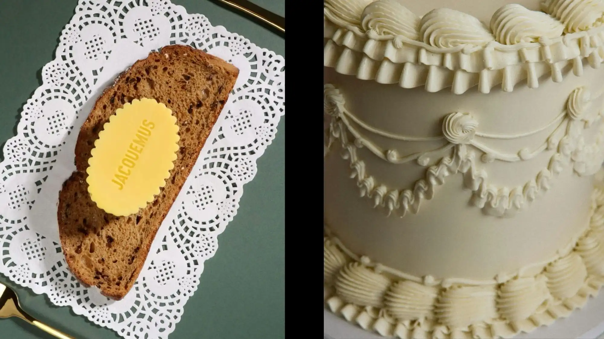 Jacquemus-branded butter motif on artisanal bread beside ornate cake piping, illustrating tablescaping aesthetics influencing Spring Summer 2027 fashion trends through C2 Fashion Studio’s trend forecasting solutions.
