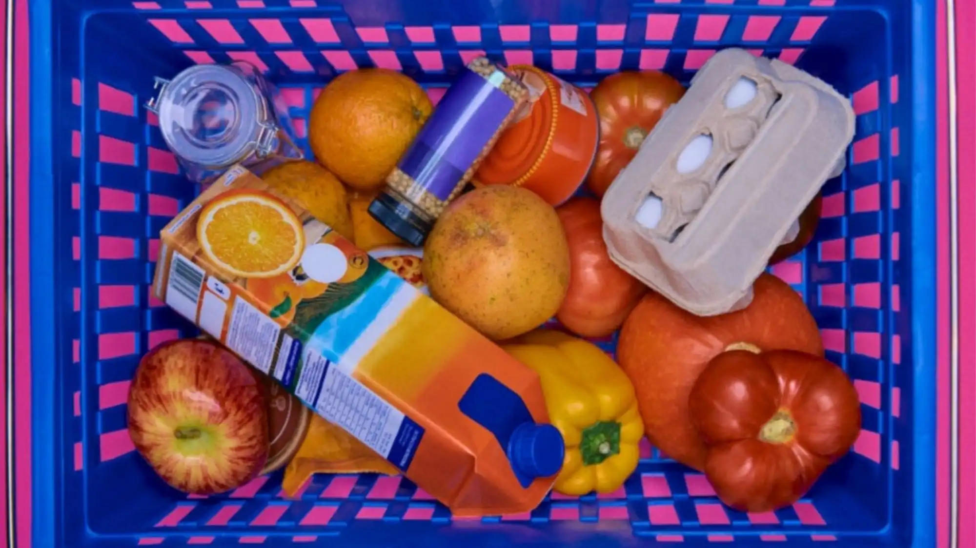 Vibrant grocery basket filled with colourful produce and packaging, illustrating how everyday food rituals influence Spring Summer 2027 fashion trends through C2 Fashion Studio’s trend forecasting solutions.