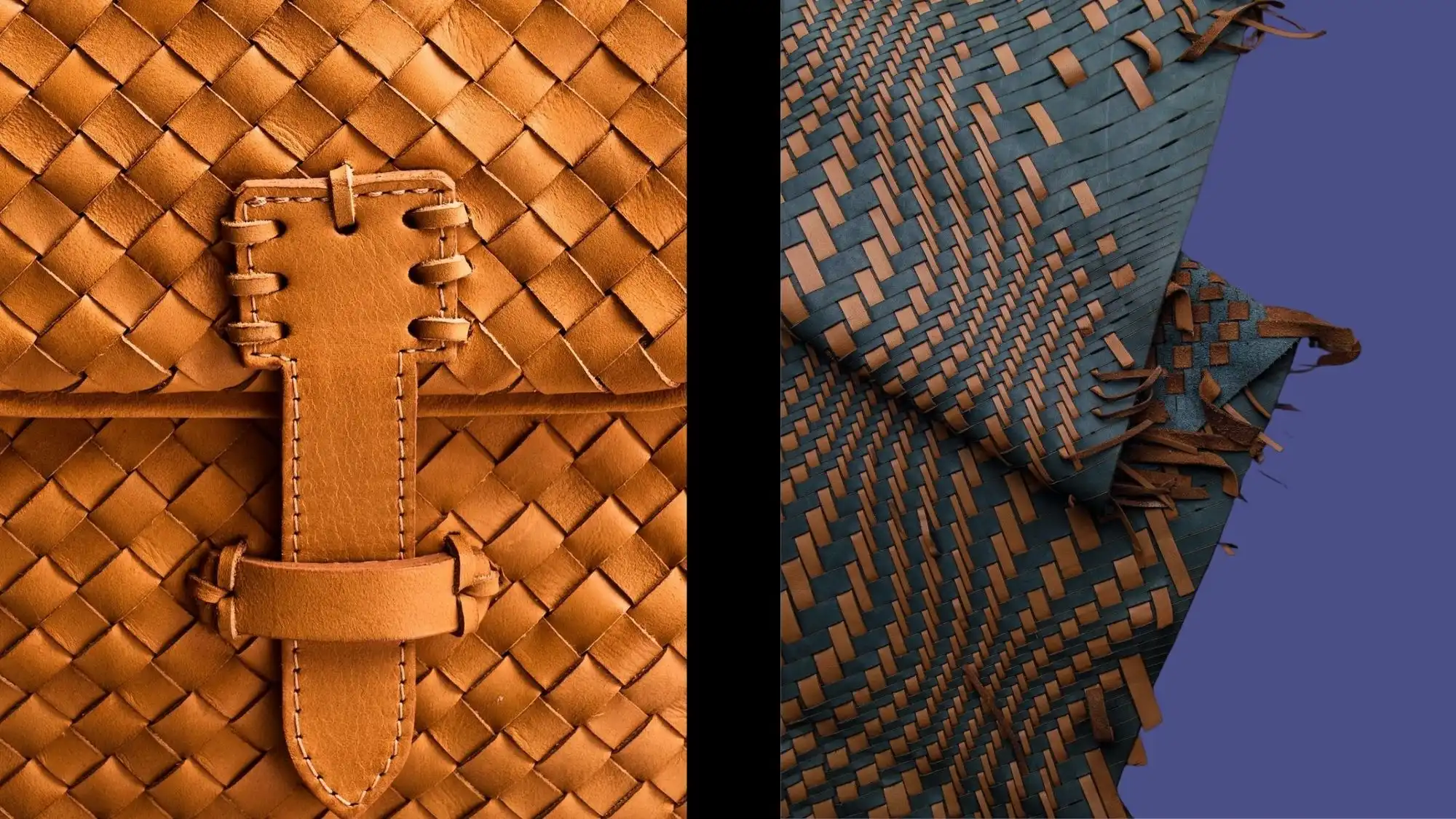 Close-up of woven leather craftsmanship and experimental layered leather textiles illustrating the Deep Human Shift trend for Autumn Winter 2027–2028, highlighting essential material intelligence and advanced fashion trend forecasting.