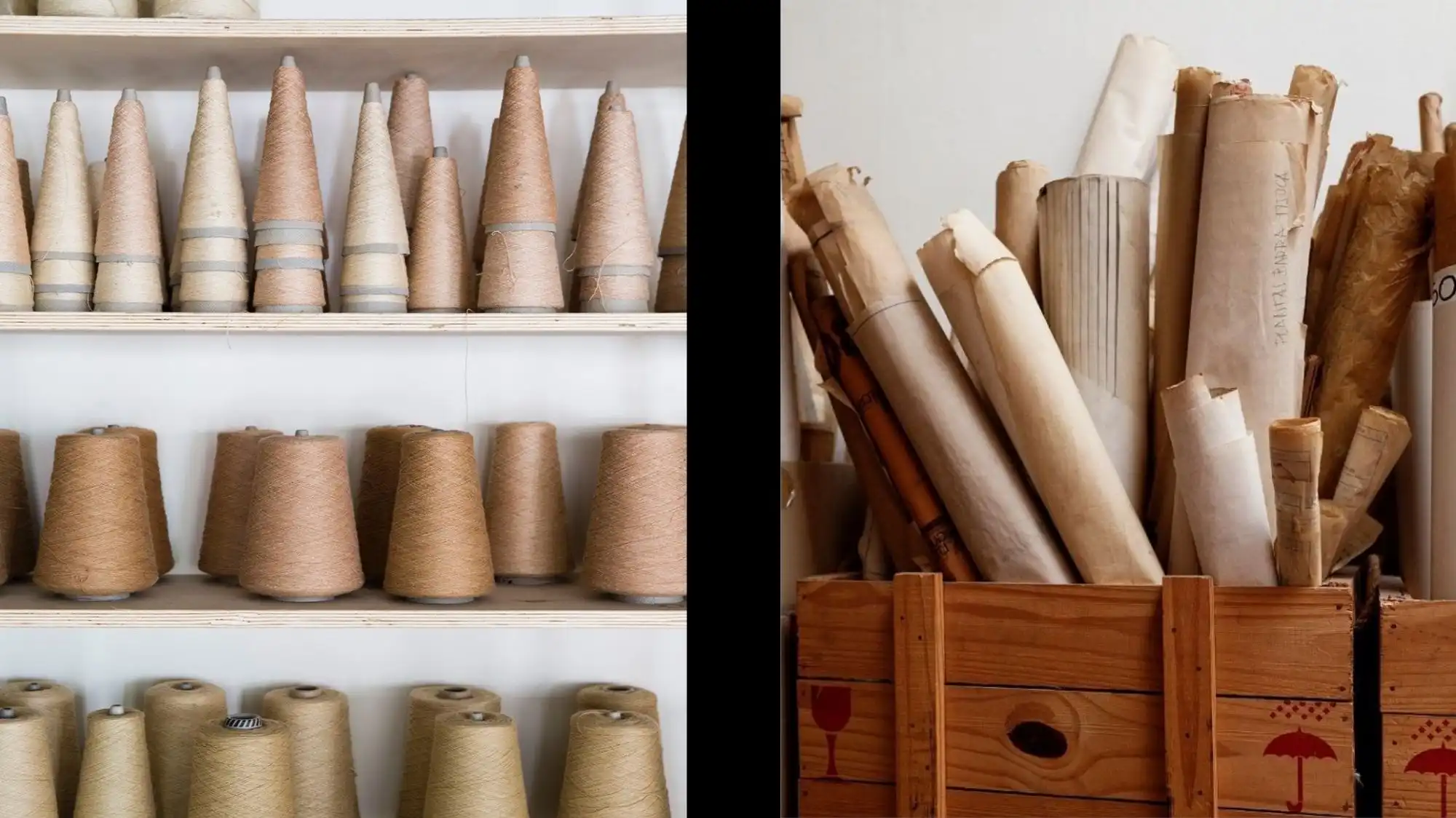 Neutral-toned yarn cones and archival paper rolls in wooden crates illustrating the Deep Human Shift trend for Autumn Winter 2027–2028, highlighting essential craft processes, material intelligence, and future fashion trend forecasting.