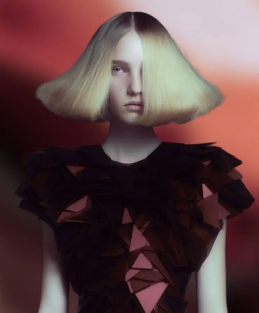 Avant-garde fashion portrait featuring a model with sculptural blonde hair and geometric black garment, illustrating C2 Fashion Studio’s visionary trend forecasting and future fashion intelligence.
