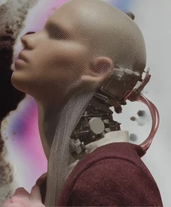 Futuristic human-android portrait representing the Human-Centric Evolution macro trend for Autumn Winter 2026 2027, blending adaptive fashion, empathy, and design intelligence.