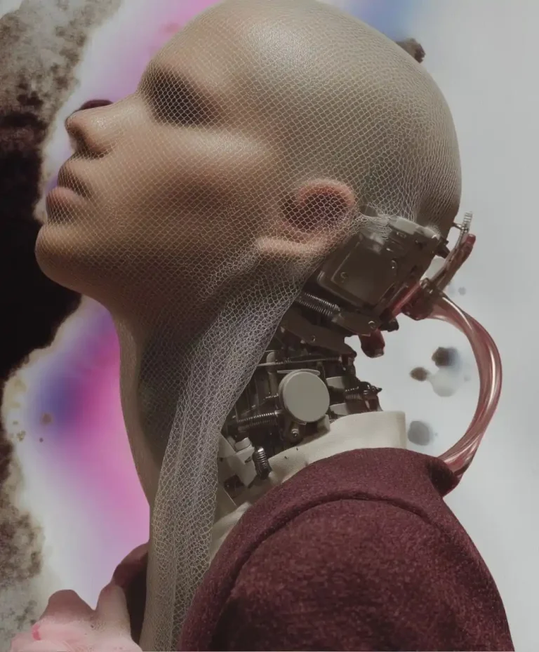 Futuristic human-android portrait representing the Human-Centric Evolution macro trend for Autumn Winter 2026 2027, blending adaptive fashion, empathy, and design intelligence.