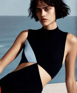 Model wearing modern cut-out beachwear in black and blue tones, representing Beachwear Spring Summer 2027 by C2 Fashion Studio, focused on regenerative textiles and conscious vitality.