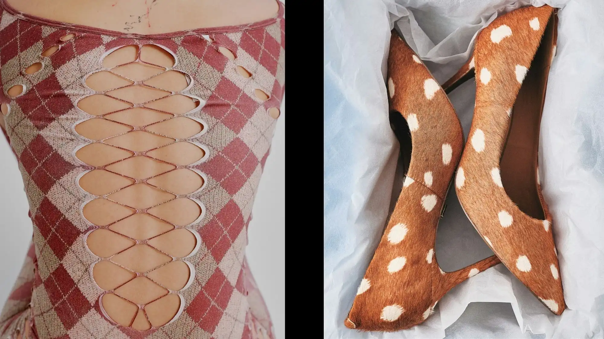 Vintage fashion details featuring laddered knitwear and spotted leather pumps, highlighting craftsmanship, material longevity, and value-driven resale and vintage fashion trends.