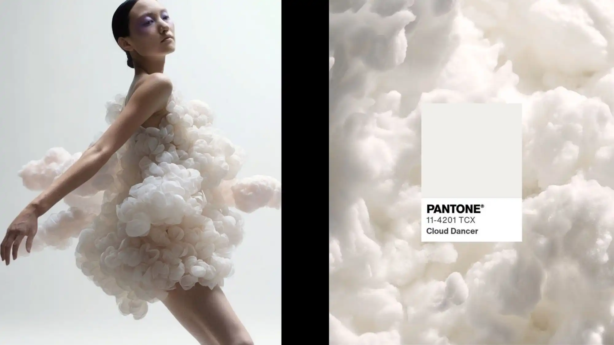 Model wearing a cloud-like sculptural white dress beside Pantone 11-4201 TCX Cloud Dancer swatch on a soft cloud background, illustrating Pantone Color of the Year 2026 and its influence on future Color Trends and refined clarity.