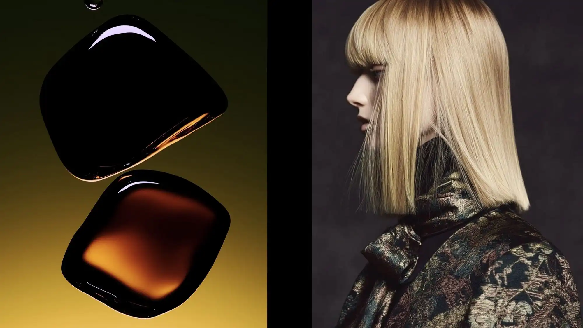 Luxury metallic jacquard fashion look paired with liquid amber shapes, illustrating Grounded Opulence—one of the key macro forces in the Autumn Winter 2027–2028 Trend Forecast by C2 Fashion Studio.