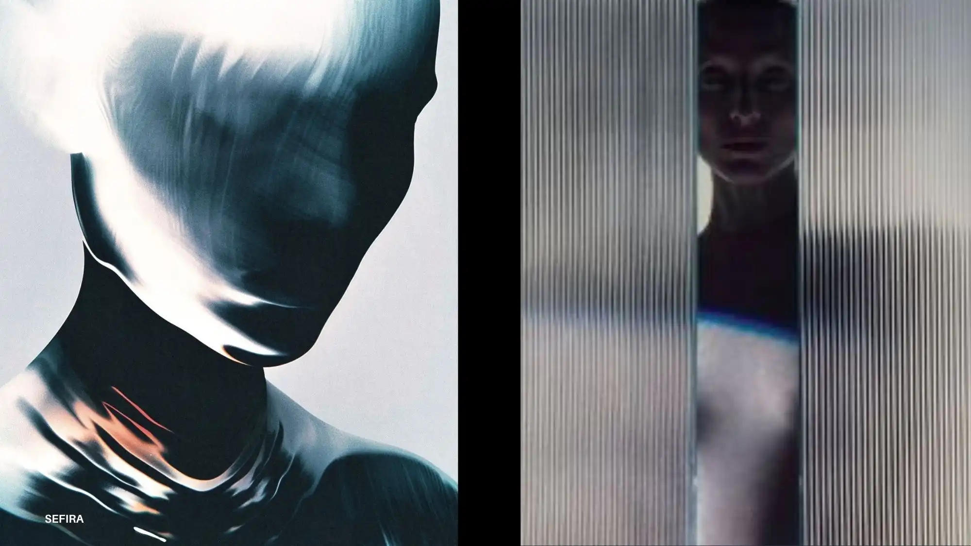 Futuristic abstract faces with fluid, light-reactive textures symbolizing responsive materials, smart tactility and Material Luxury Intelligence for AW27/28 fashion trends.