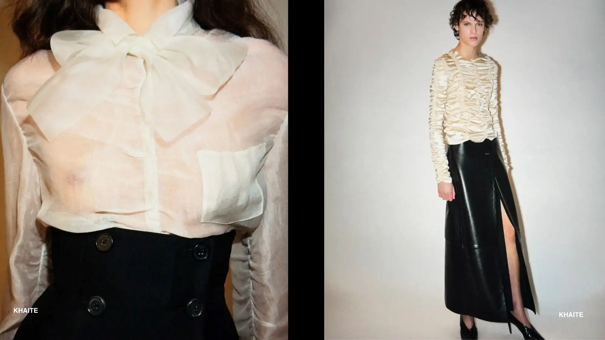 Pre-Fall 2026/27 fashion look with sheer blouse and structured leather skirt, illustrating narrative clarity and strategic presentation in fashion trend forecasting.