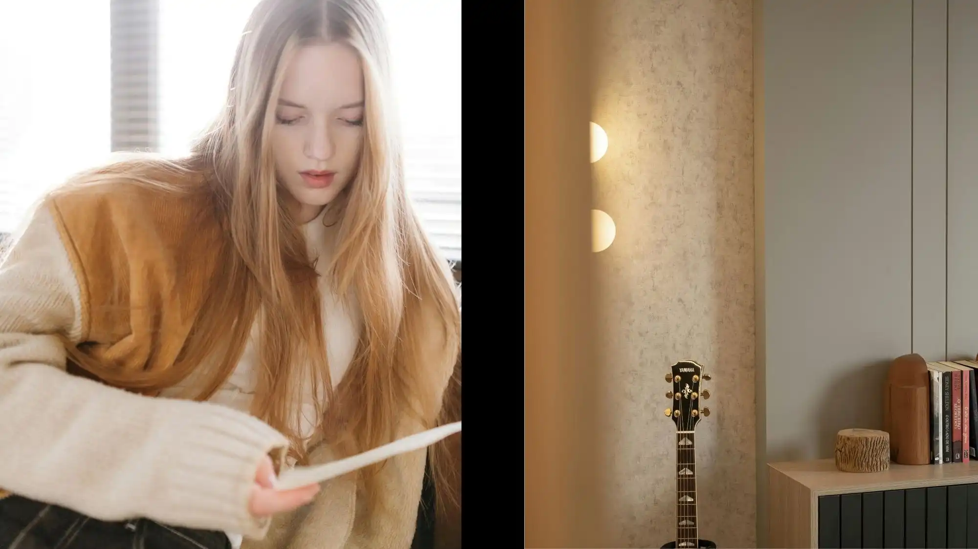Young woman reading in soft natural light paired with a calm, minimalist interior featuring warm lighting and a guitar, illustrating the emotional clarity and grounding aesthetic shaping the Future Consumer 2027 trend.