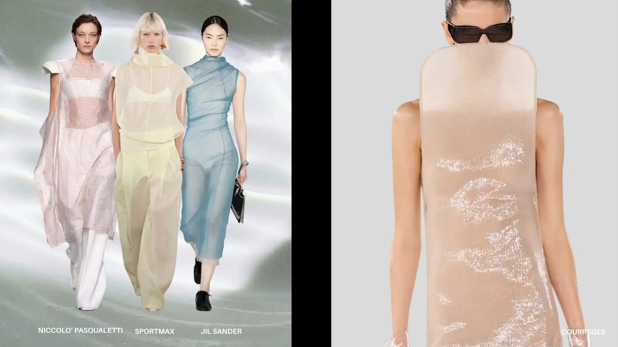 Models wearing translucent, weightless garments by Niccolò Pasqualetti, Sportmax, Jil Sander, and Courrèges, illustrating The Sensory Minimalism Shift—one of the key Spring Summer 2028 Fashion Trends identified by C2 Fashion Studio’s Trend Forecasting research.