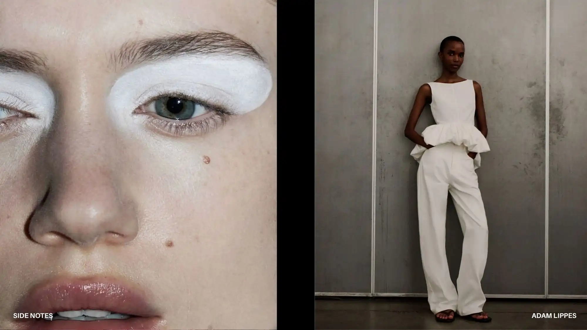 Close-up of model with pure white eyeshadow beside a model in a sculptural white outfit by Adam Lippes, illustrating Cloud Dancer’s influence as Pantone Color of the Year 2026 and its role in future Color Trends and refined clarity.