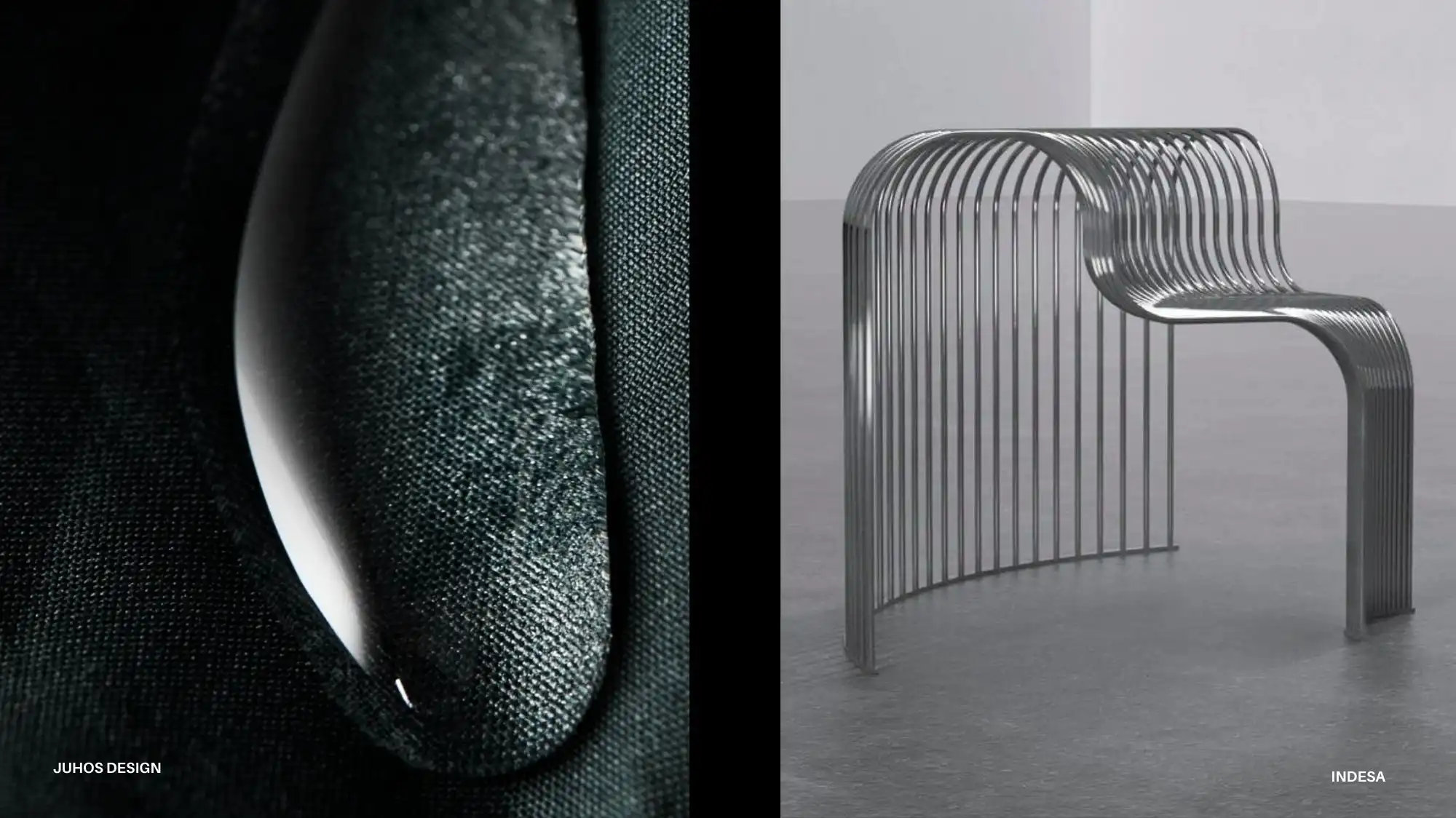 Close-up of a technical water-repellent textile and a sculptural metal chair, illustrating Regenerative Intelligence—one of the key macro forces in the Autumn Winter 2027–2028 Trend Forecast by C2 Fashion Studio.