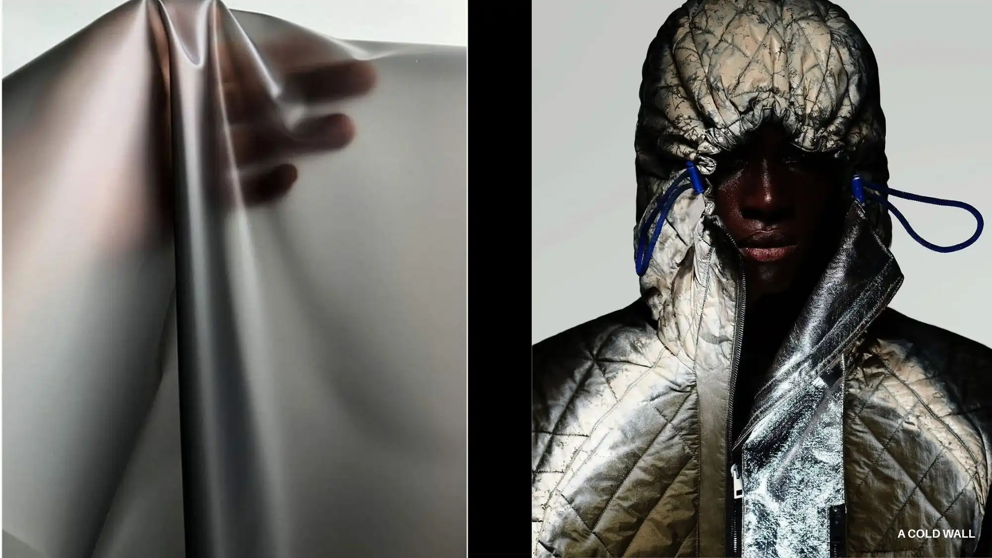Close-up of a hand interacting with a translucent responsive material and a metallic quilted jacket, illustrating advanced textiles for AW27/28 fashion trend forecasting.