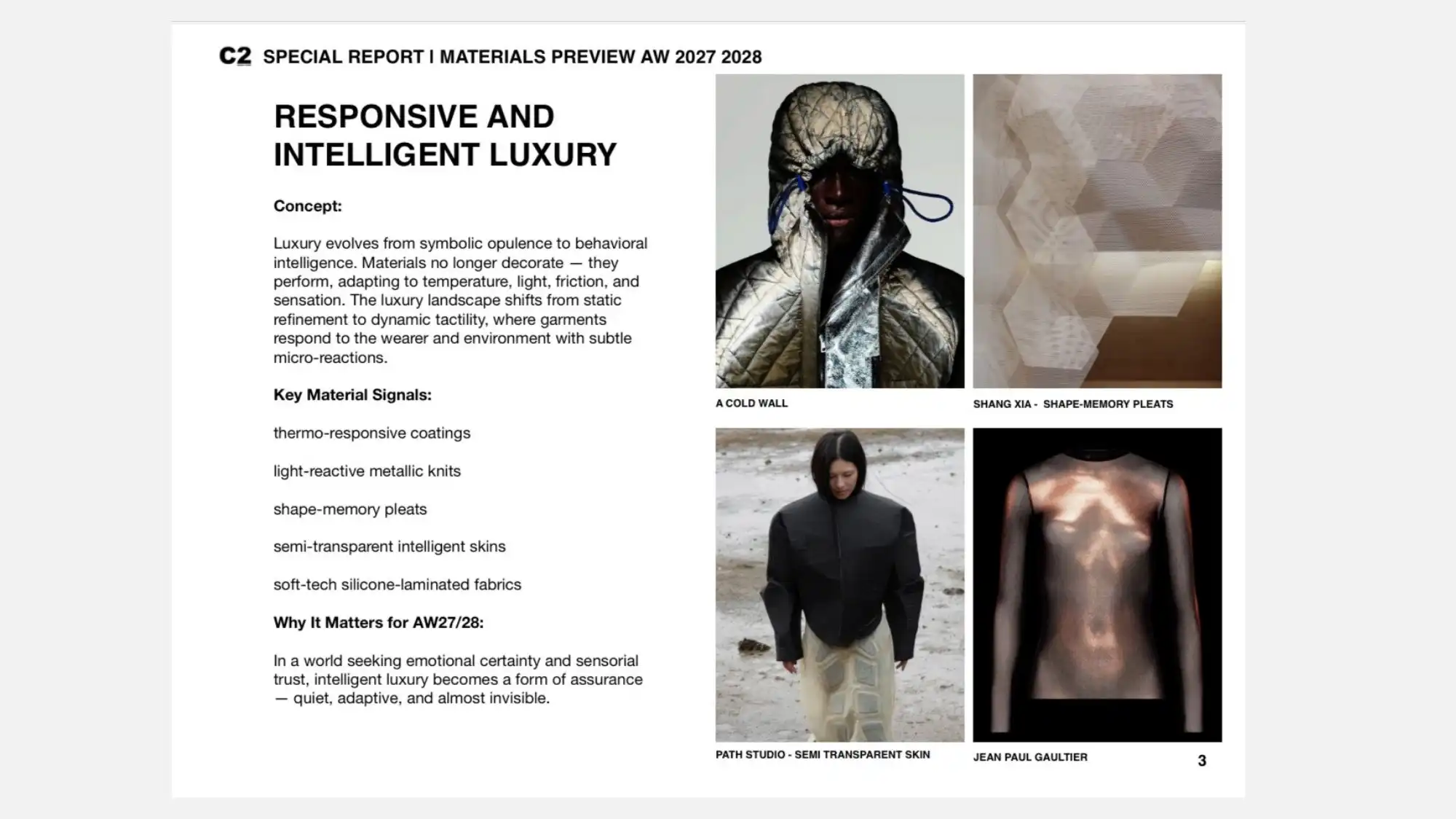 C2 Fashion Studio Materials Preview AW27/28 highlighting responsive and intelligent luxury with thermo-reactive, light-reactive and shape-memory material innovations.