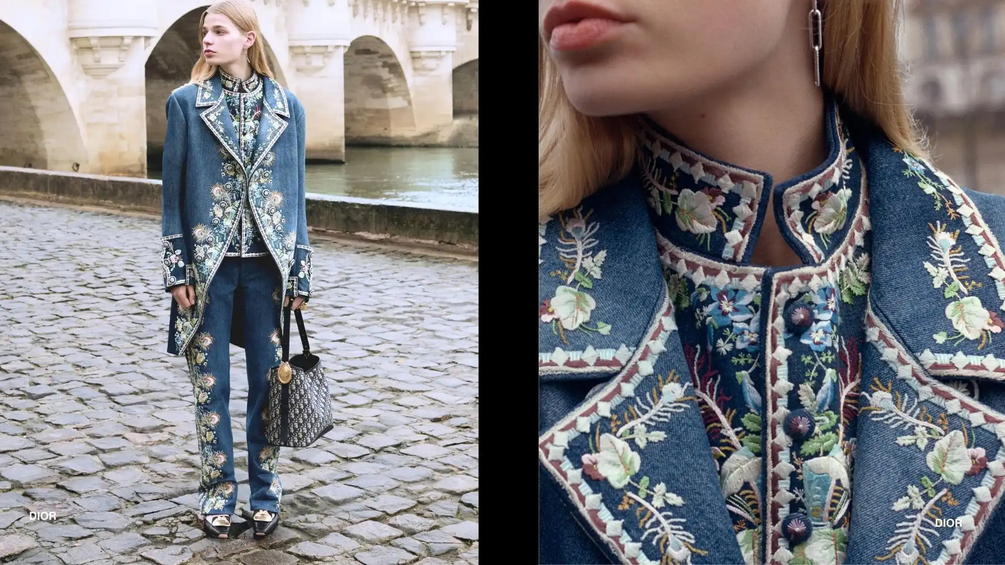 Dior Pre-Fall 2026/27 look featuring embroidered denim tailoring and heritage motifs, illustrating Pre-Fall as a strategic system in fashion trend forecasting.