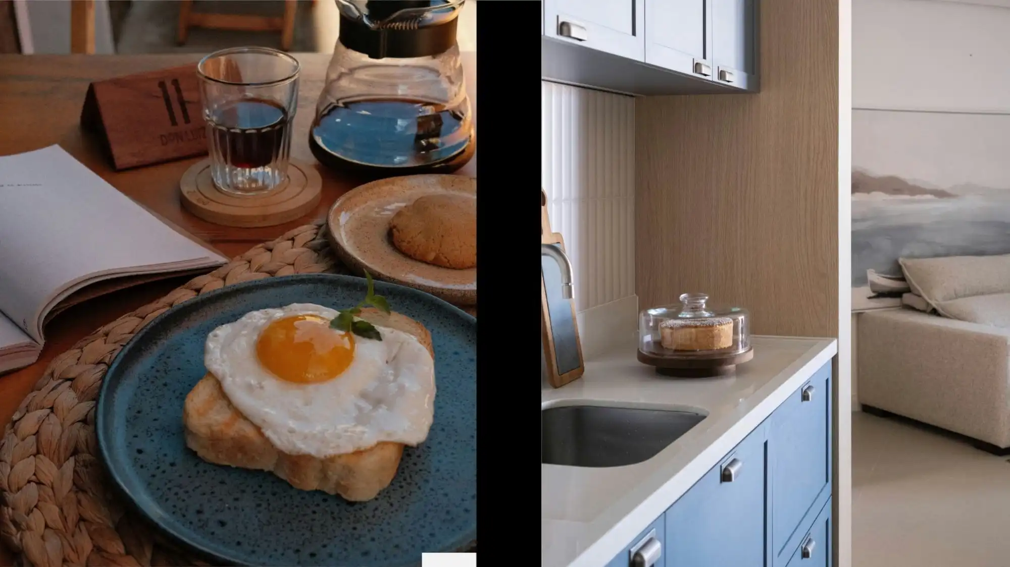 Calm breakfast scene with toast and egg alongside a serene minimalist kitchen interior, illustrating the emotional grounding, slow living, and comfort-focused aesthetics defining the Future Consumer 2027 trend.