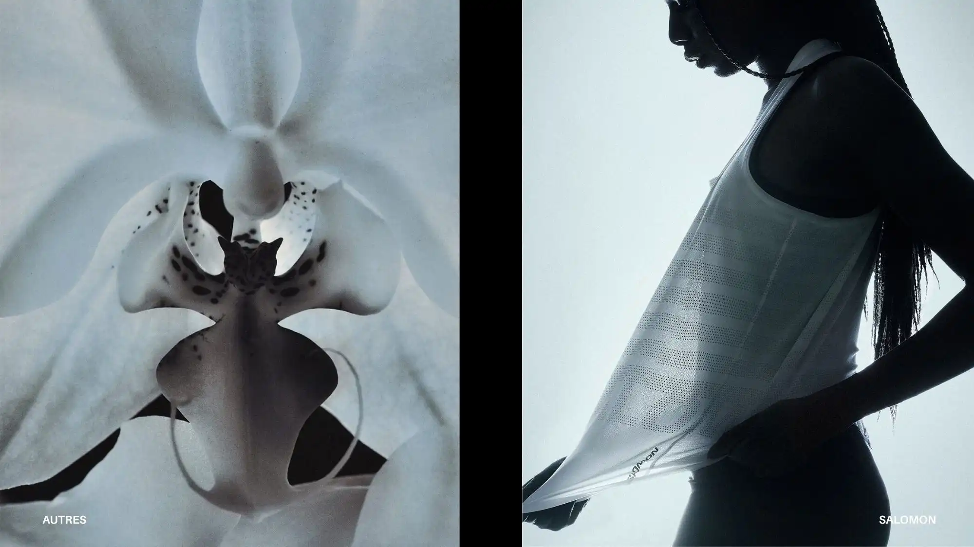 Close-up of a pale orchid and a model in a translucent technical top by Salomon, illustrating biomorphic softness and sensory minimalism—key Spring Summer 2028 Fashion Trends identified by C2 Fashion Studio’s Trend Forecasting research.