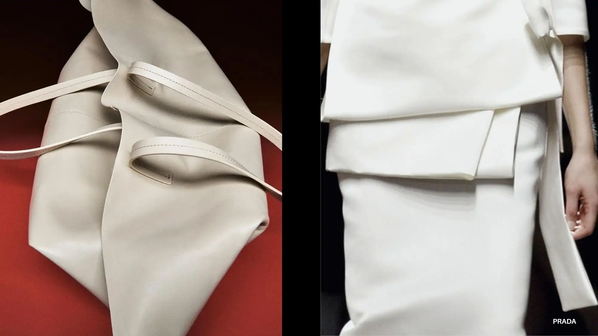 Soft white leather accessories and layered white tailoring by Prada, reflecting the refined clarity and elevated minimalism inspired by Cloud Dancer, Pantone Color of the Year 2026, and its influence on future Color Trends.