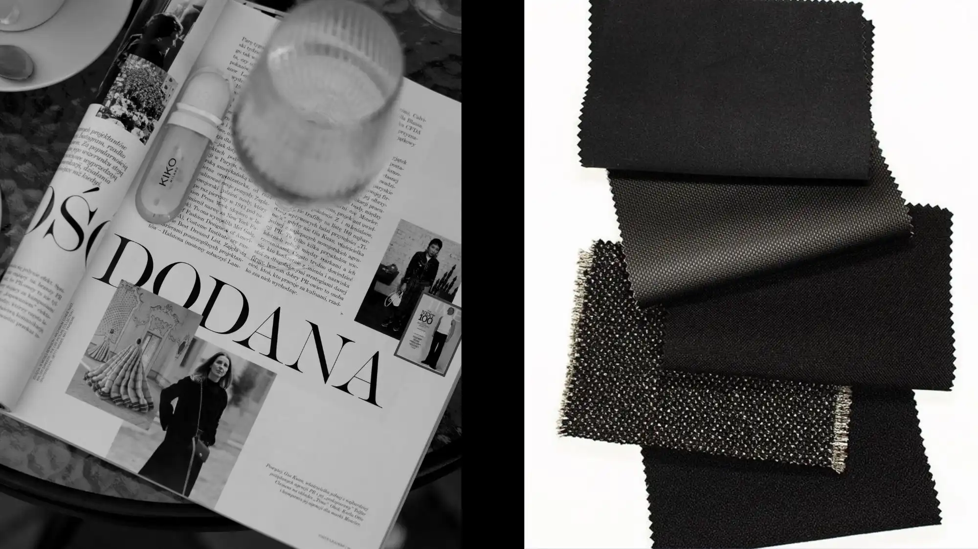 Editorial magazine layout with beauty references and a selection of black textile swatches, highlighting material research and design signals for January 2026 fashion trends.