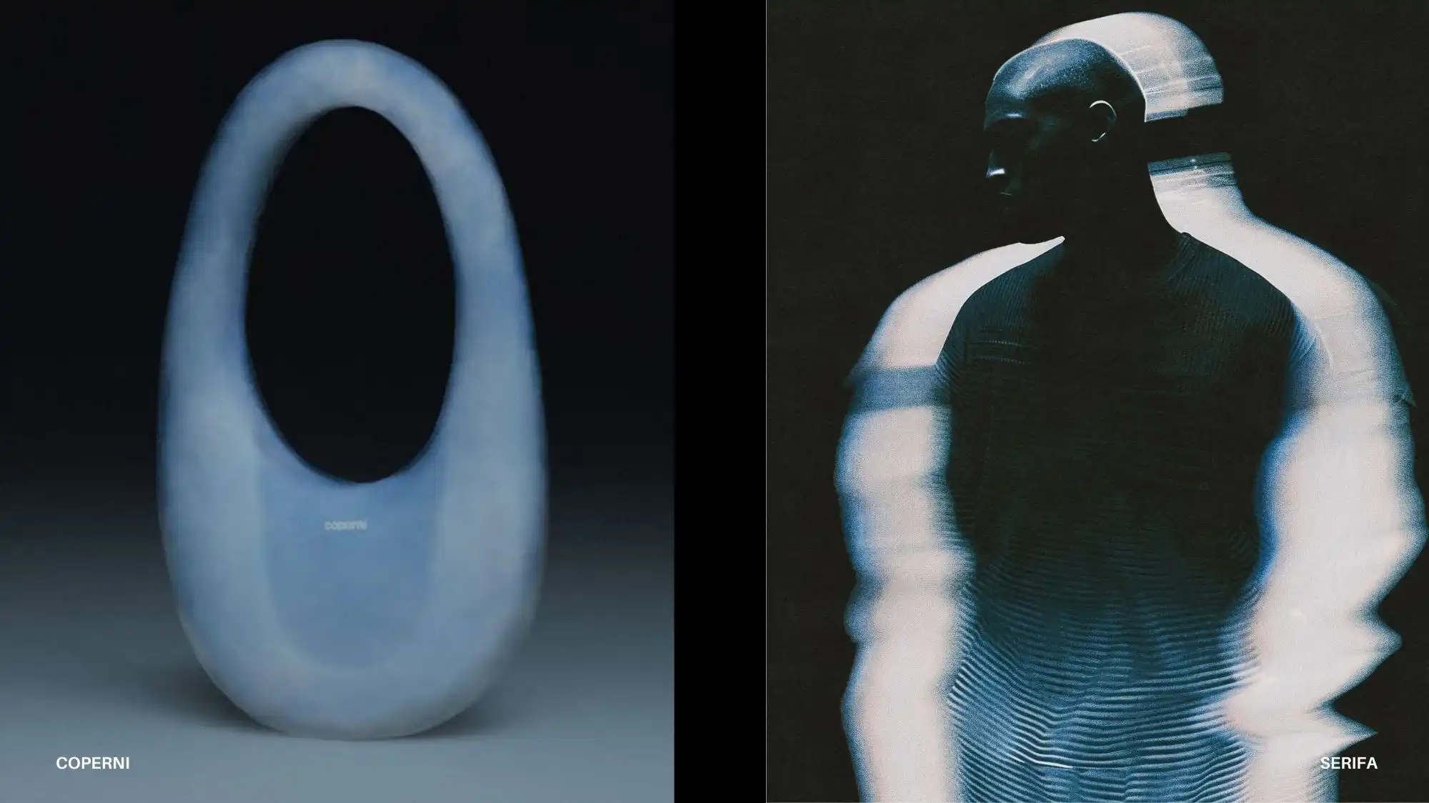 Futuristic Coperni sculptural bag and a blurred abstract portrait, illustrating responsive materials, sensorial design and AW27/28 Material Luxury Intelligence trends.