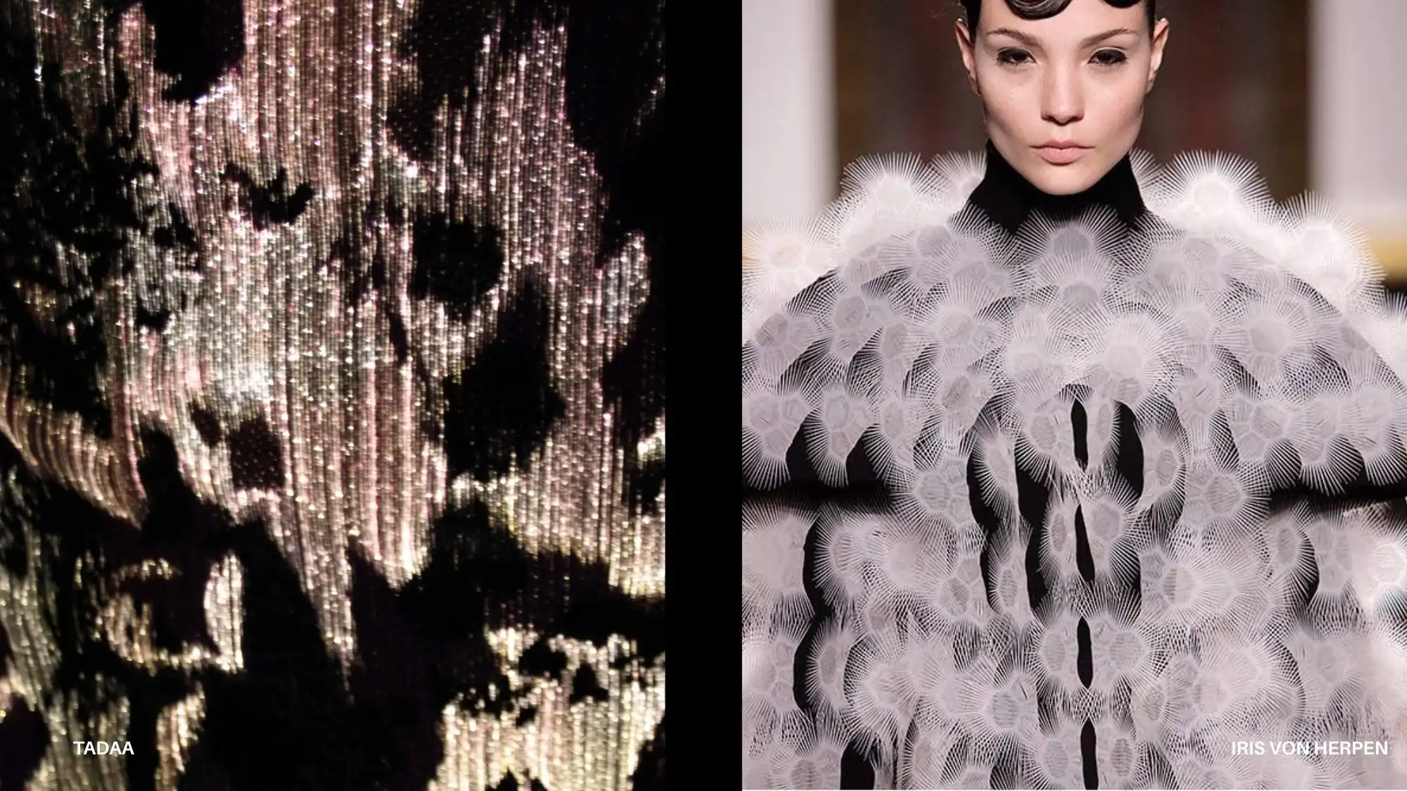Textured light-reactive fabric surface and an Iris van Herpen sculptural garment illustrating responsive materials and Material Intelligence for AW27/28 fashion trends.