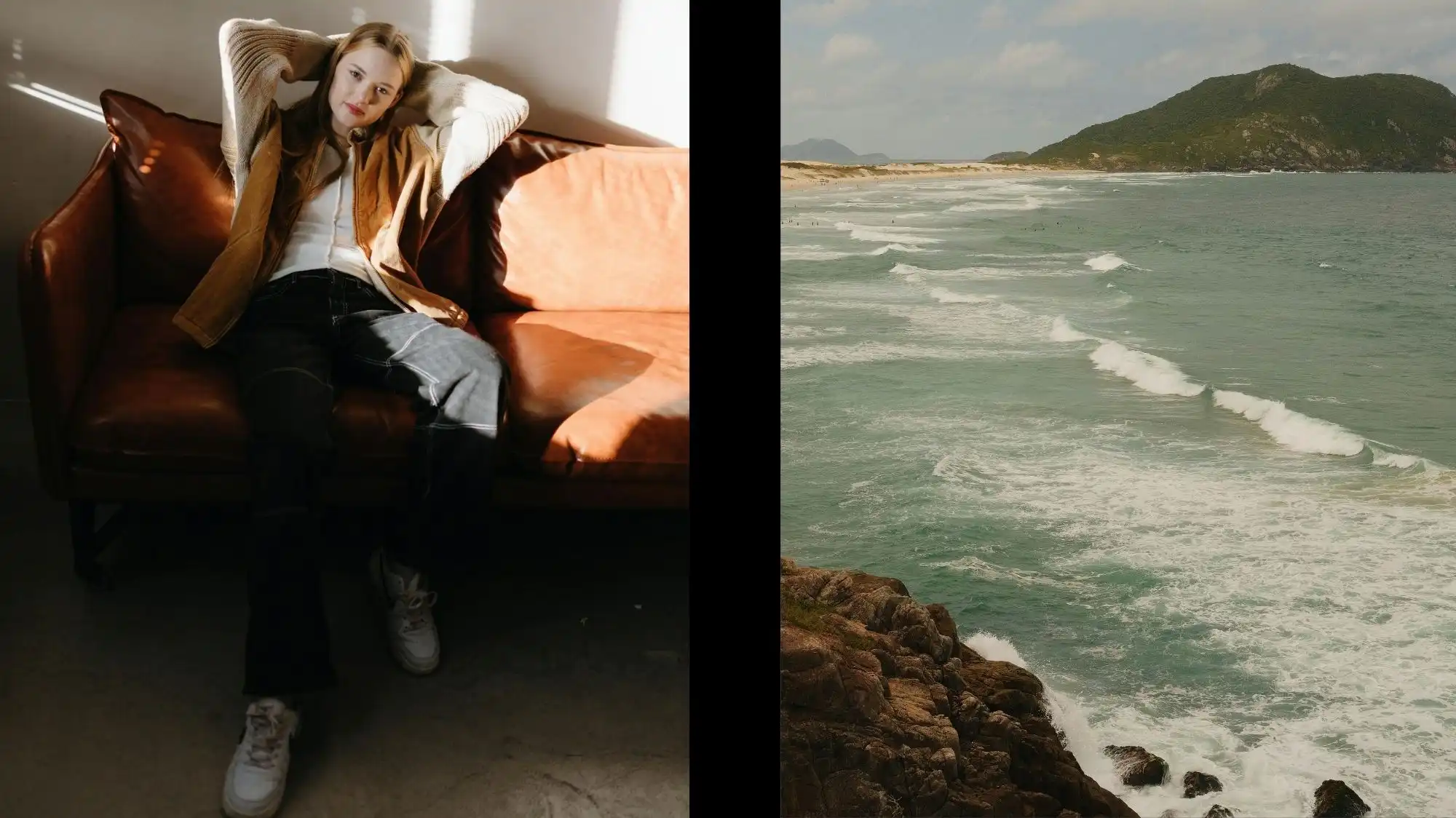 Young woman relaxing on a leather sofa in soft natural light contrasted with a serene ocean landscape, illustrating the emotional grounding, calm aesthetics, and nature-driven mindset shaping the Future Consumer 2027 trend.