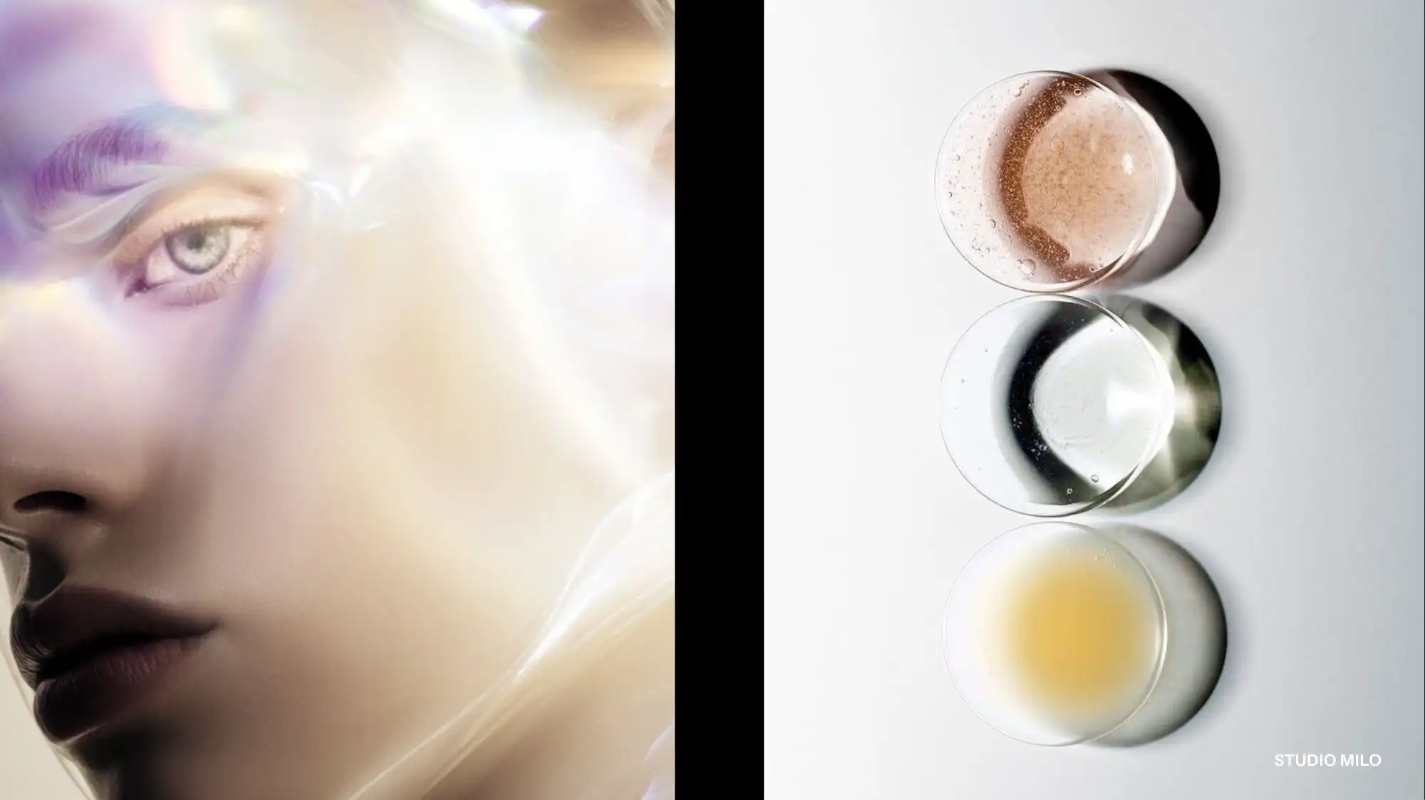 Ethereal close-up portrait with iridescent light effects paired with translucent material samples by Studio Milo, illustrating The Sensory Minimalism Shift—an essential Spring Summer 2028 Fashion Trend identified by C2 Fashion Studio’s Trend Forecasting research.