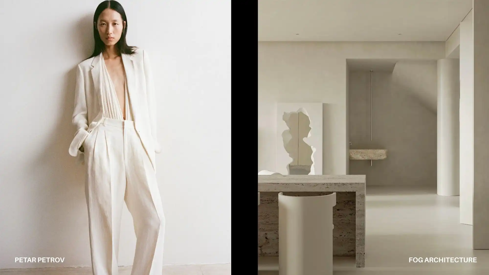 Raw Milk color trend for Spring Summer 2027 expressed through minimalist fashion tailoring and soft architectural interiors, highlighting intelligent neutrality and restrained luxury