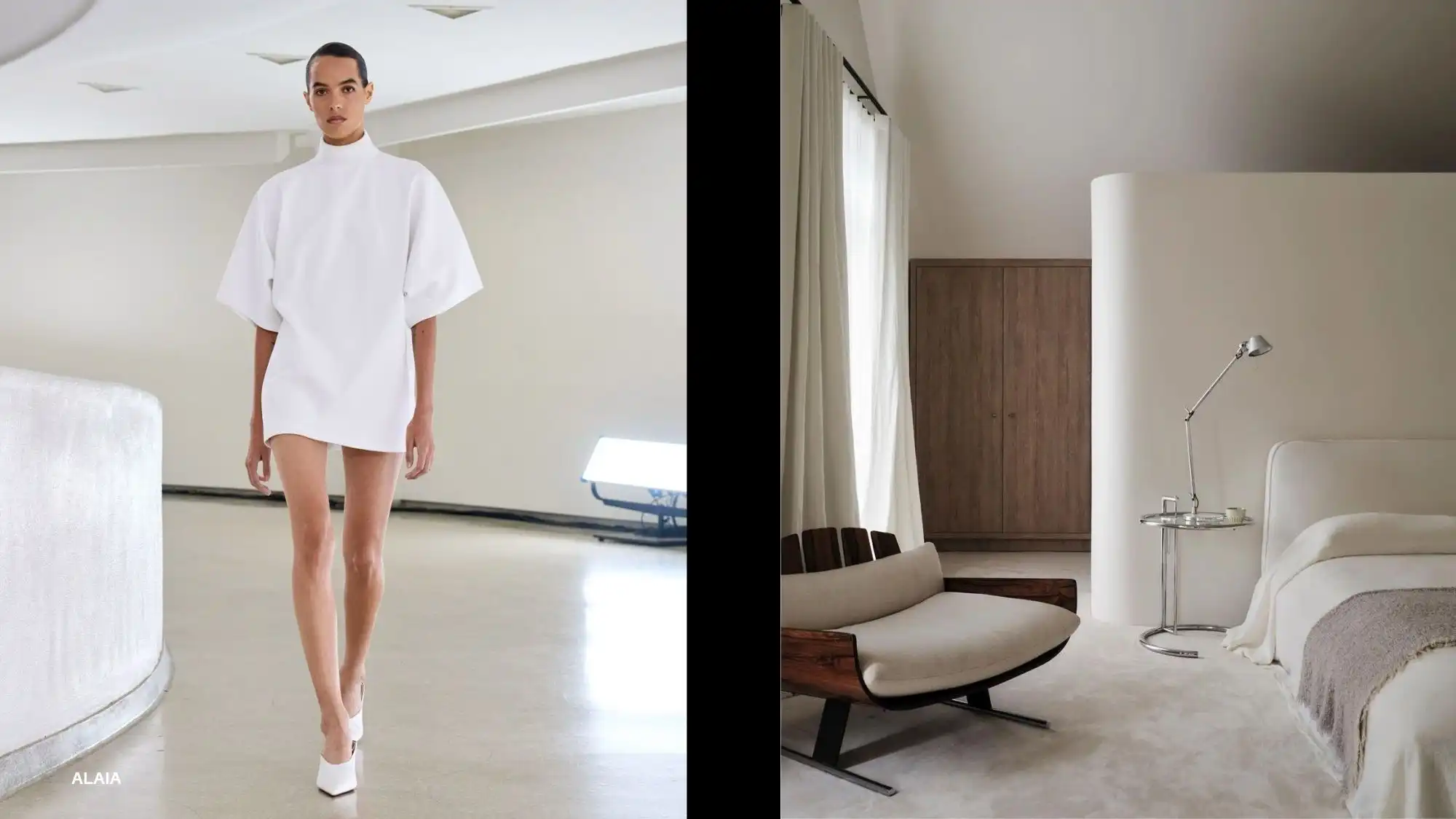 Model in a sculptural white Alaïa dress beside a serene minimalist interior in soft white tones, illustrating the influence of Cloud Dancer, Pantone Color of the Year 2026, on fashion and design through refined clarity and elevated simplicity.